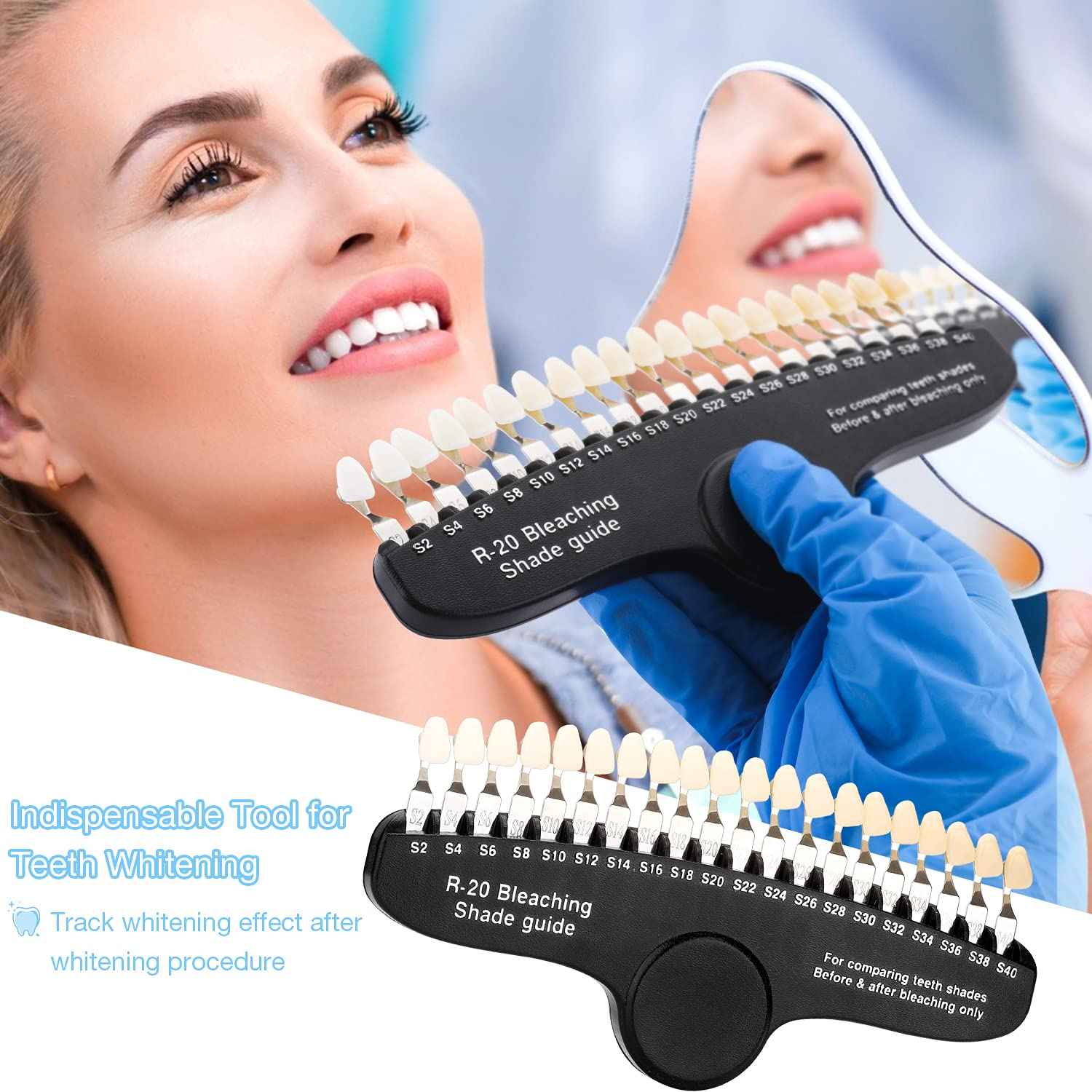faruijie Teeth Whitening Shade Guide - Tooth Bleaching Shade Chart 3D R-20 Professional Dental Color Comparing Tracking with Case & Mirror 20 Colors
