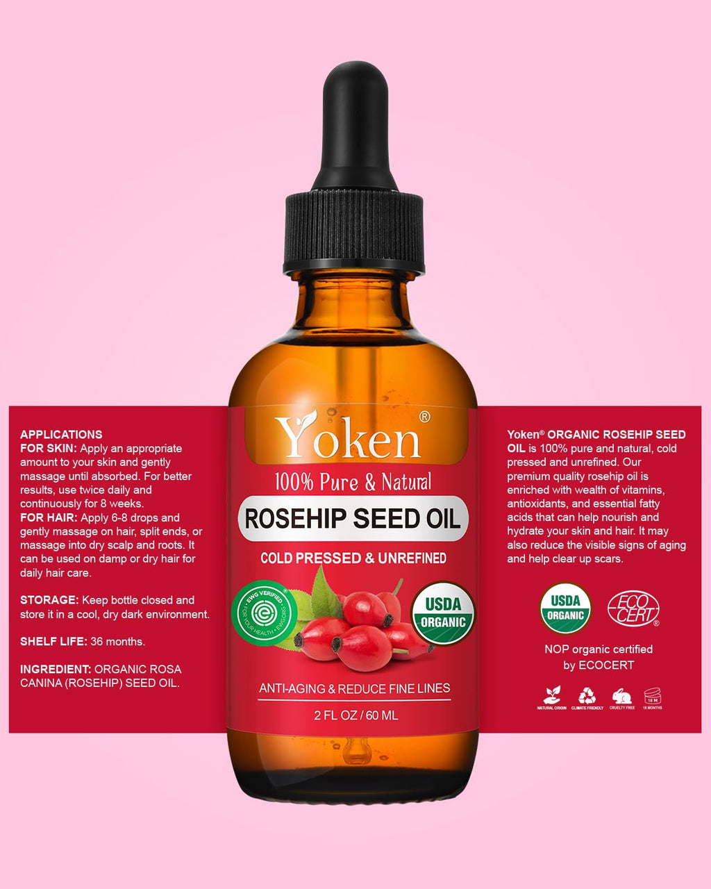 Organic Rosehip Seed Oil for Face,100% USDA Pure Rosehip Oils for Skin,Scars,Hair & Nails.2 fl Oz Cold Pressed Rose HIPS Oils for Skin Care, Anti-Aging, Scar Treatment, GUA SHA Massage Carrier Oil