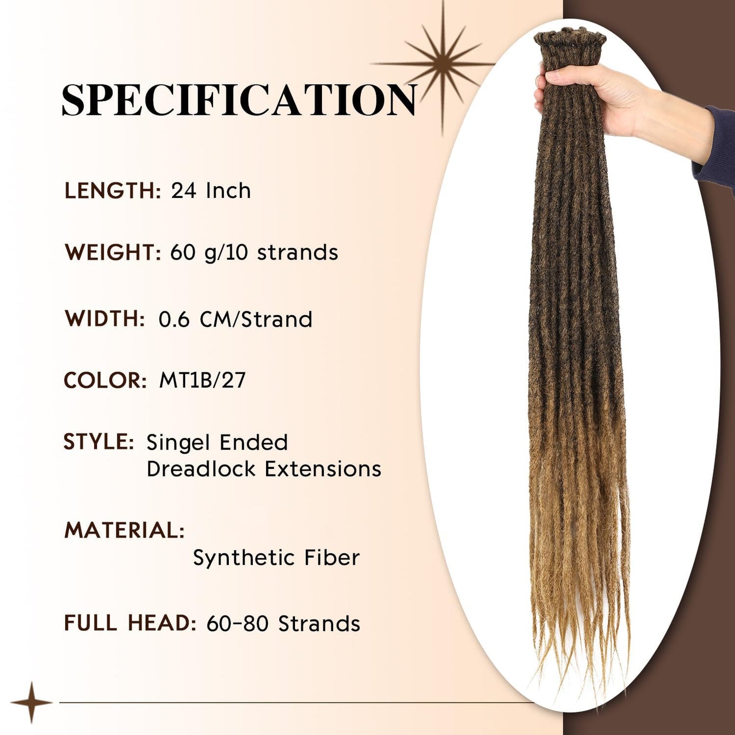 WIGNEE 24 Inch Synthetic Dreadlock Extensions Unisex Boho Straight Dreads Extensions 10 Strands Gradient Color Ombre Brown Dreadlocks Extension Handmade Soft Reggae Style Fake Dreads (24 Inch，M1B/27)