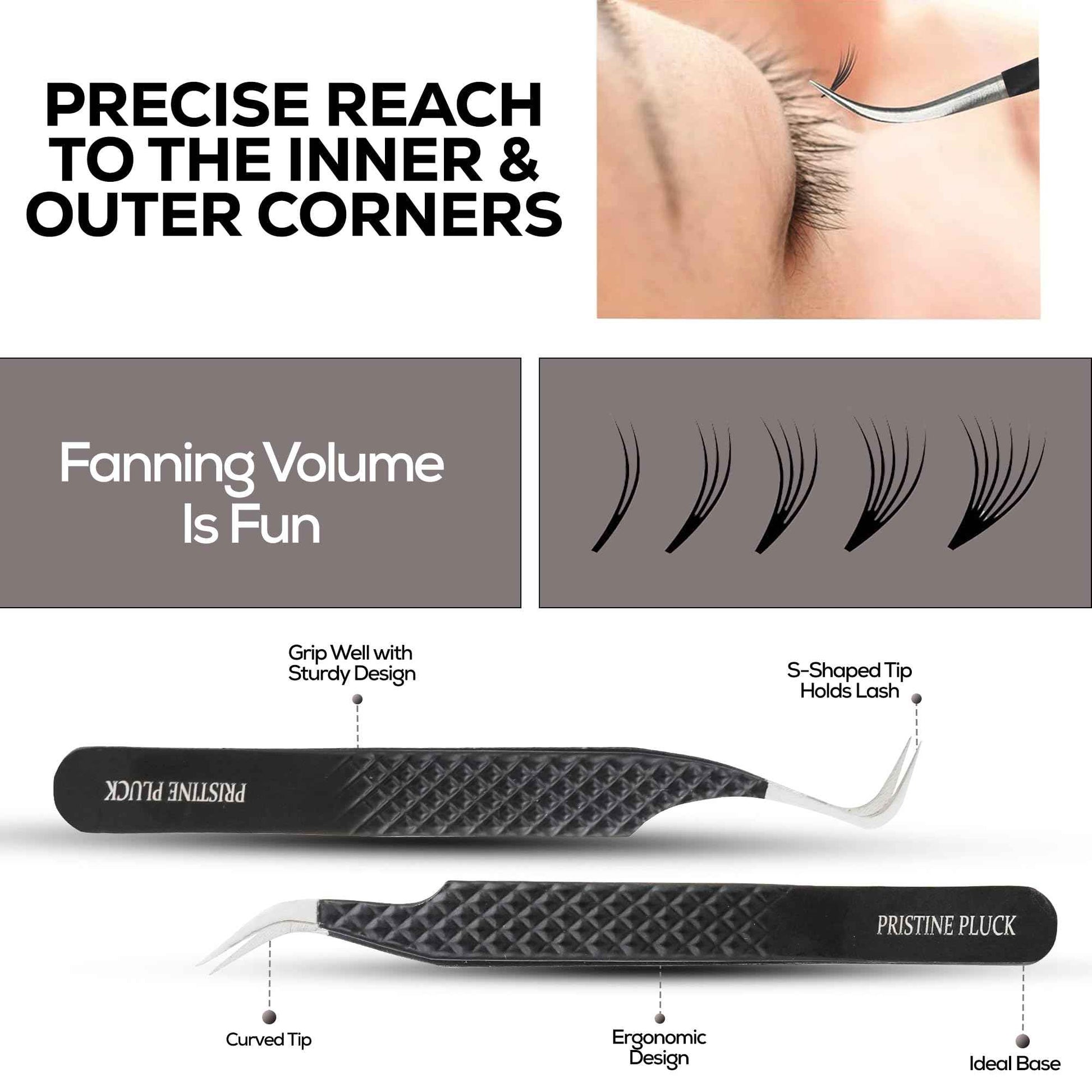 PRISTINE PLUCK 5-Piece Eyelash Extension Tweezers Set Precision Lash Tweezers with Anti-Slip Grip with fiber tip lash tweezers Tools for Lash Artists & eyelash tweezers for women (eyelash set black)