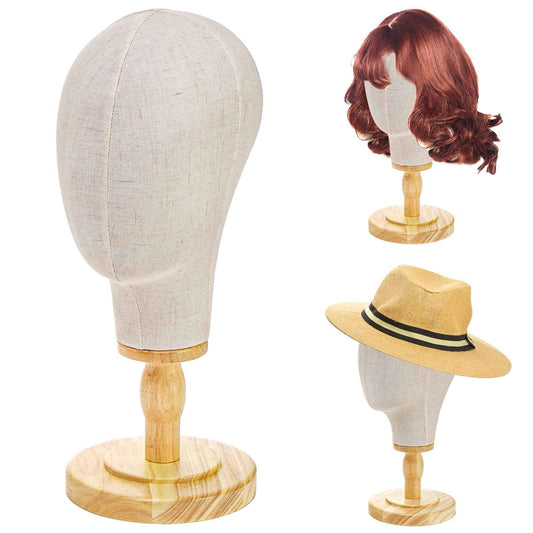 Peohud 21 Inch Mannequin Head, Canvas Wig Head Stand with Detachable Wood Stand, Linen Hat Display Model Head for Caps, Headdress, Wig Making