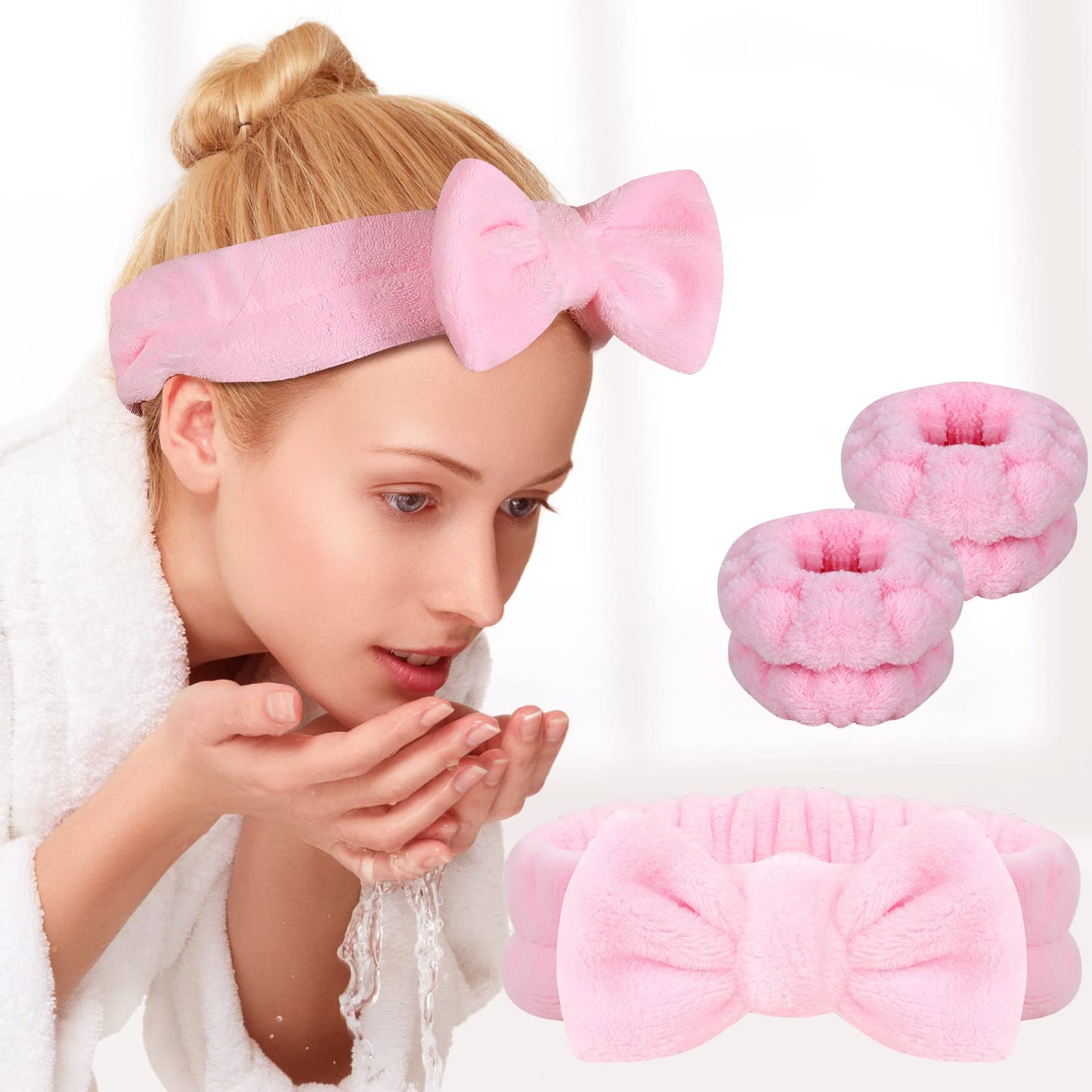 BLAAROOM 3PCS Bow Face Wash Headband and Wristband Set,Soft & Absorbent Spa Headband for Women Makeup Skincare Washing Face - Purple