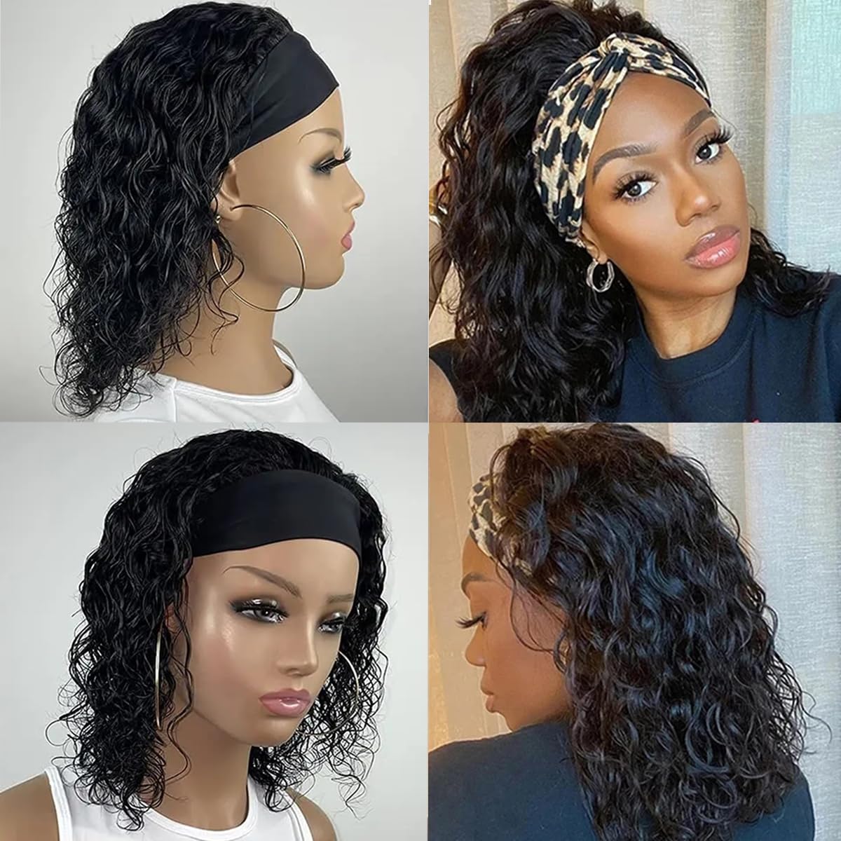 12''Water Wave Headband Wig Human Hair 150% Density Afro Wigs for Black Women Natural Curls 10A Glueless None Lace Front Wigs Easy to Wear Wig Water Wave Machine Made Wig