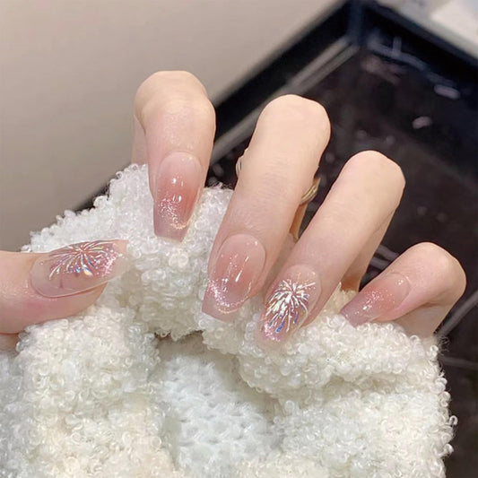 SINHOT Coffin Press on Nails Medium Ballerina Fake Nails Glossy Glue on Nails Pink Cat Eye Acrylic Nails Silver Glitter Arificial Nails Stick on False Nails with Fireworks Design 24 pcs