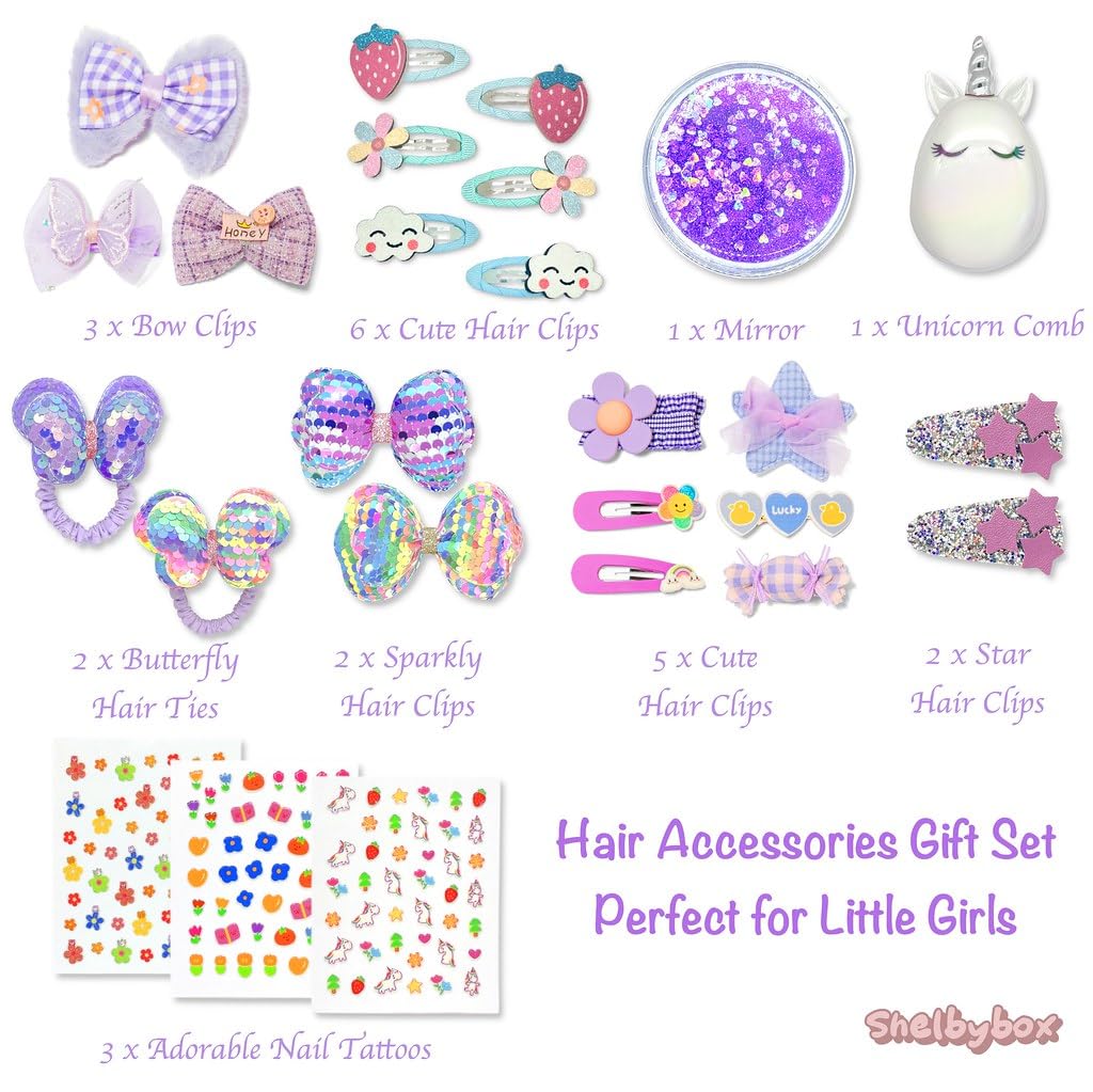 Hair Accessories Gift Set for Kids Purple Hair Clips Barrettes Ponytail Ties Bows Headbands with Mirror Unicorn Comb Gift Box for Daughter Teens Childs Little Girls