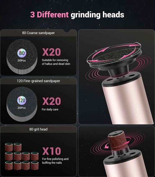 5-in-1 Professional Electric Callus Remover for Feet(Portable & Foldable), Removes 99.92% of Calluses in 3 Mins, Eectric Foot Callus Remover Pedicure Kits with 10 & 40 Grit Pads for Smooth Feet, Pink