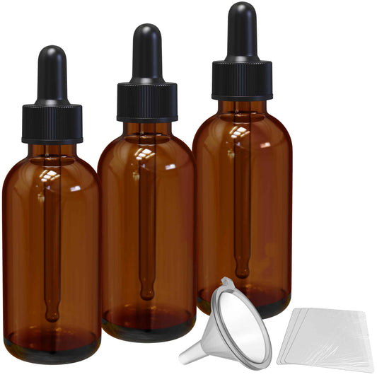 Nevlers 2 Oz Amber Glass Dropper Bottle 3 Pack | Leakproof Amber Glass Dropper Bottles with Shrink Wrap and Funnel | Oil Bottles for Essential Oils, Hair Oil, Medicine & More