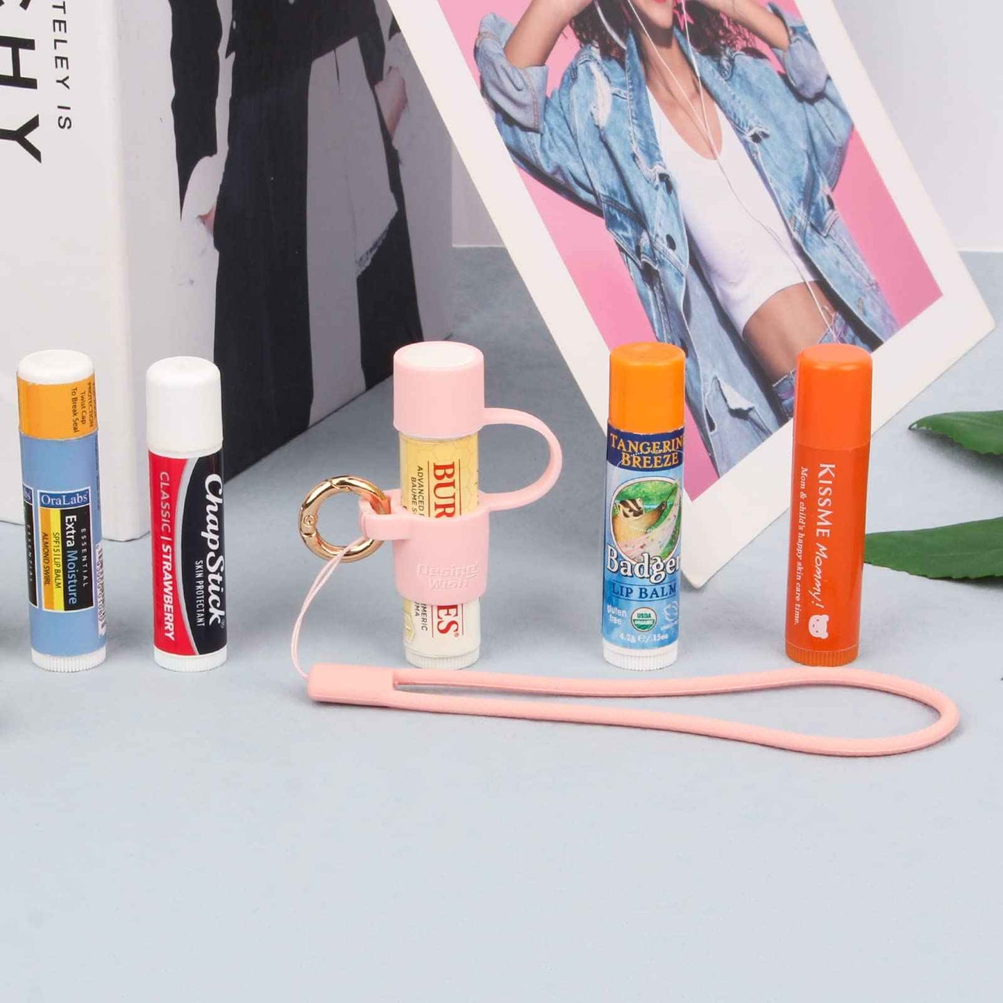 Desing Wish Silicone Chapstick Holder with Cap Cover, 0.6'' Diameter Portable Lip Balm Holder Key Chain Sleeve Chapstick Keychain Holder with Wrist Strap Lanyard - Pink
