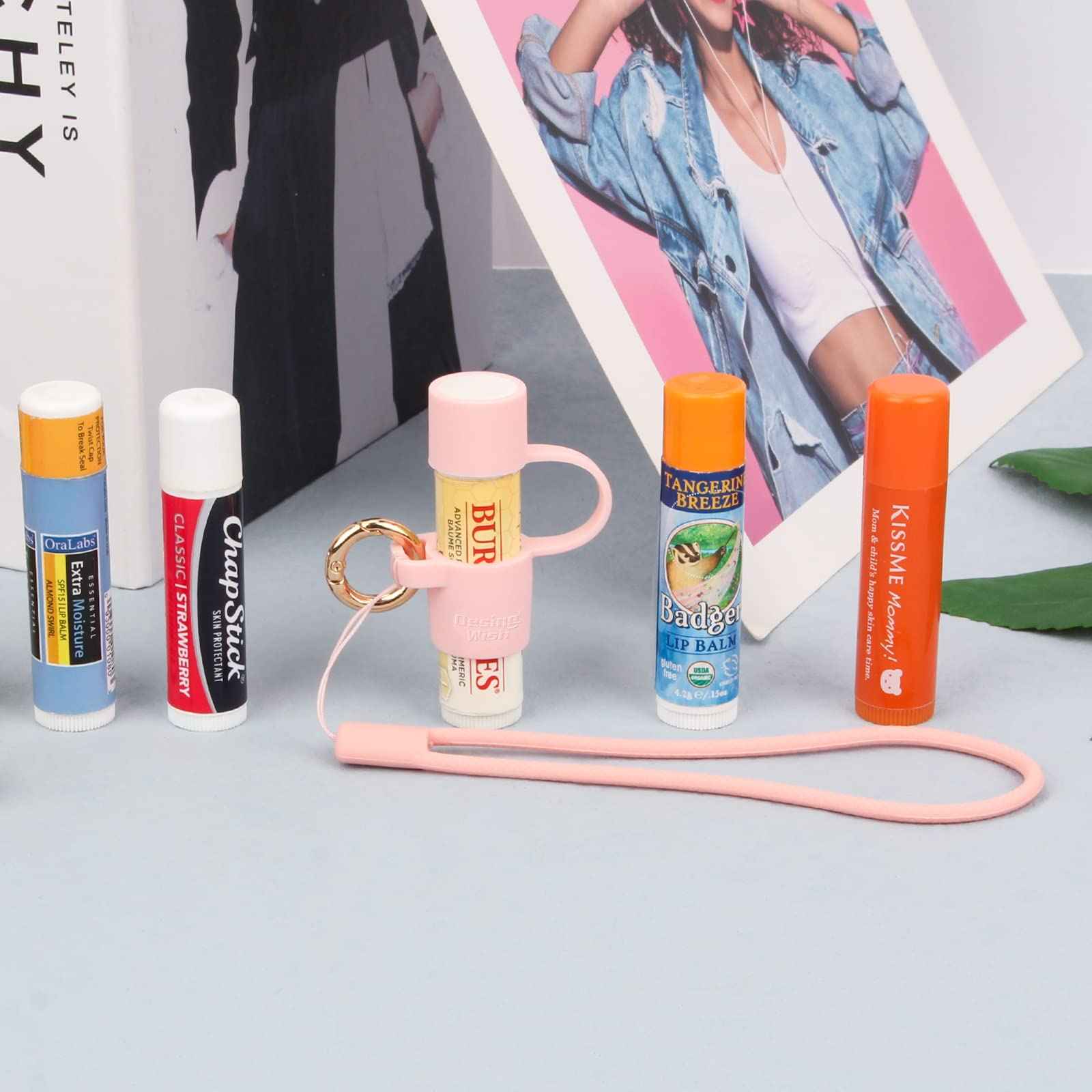 Desing Wish Silicone Chapstick Holder with Cap Cover, 0.6'' Diameter Portable Lip Balm Holder Key Chain Sleeve Chapstick Keychain Holder with Wrist Strap Lanyard - Pink