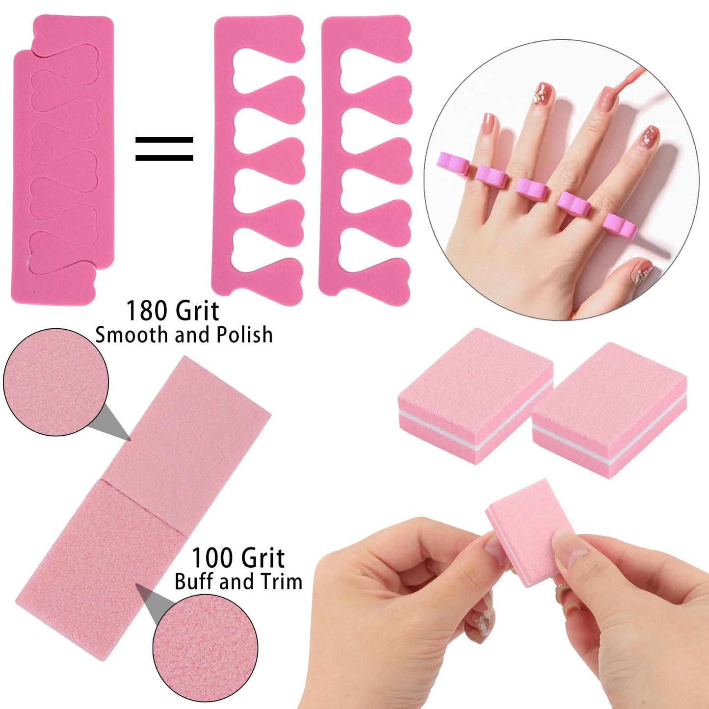 102pcs Toe Separators Set - Premium Pedicure Tool 52Pcs Super Soft Pedicure Toe Separator- 50Pcs Mini Nail Buffer Block File 80/100 Grit 2 Sided