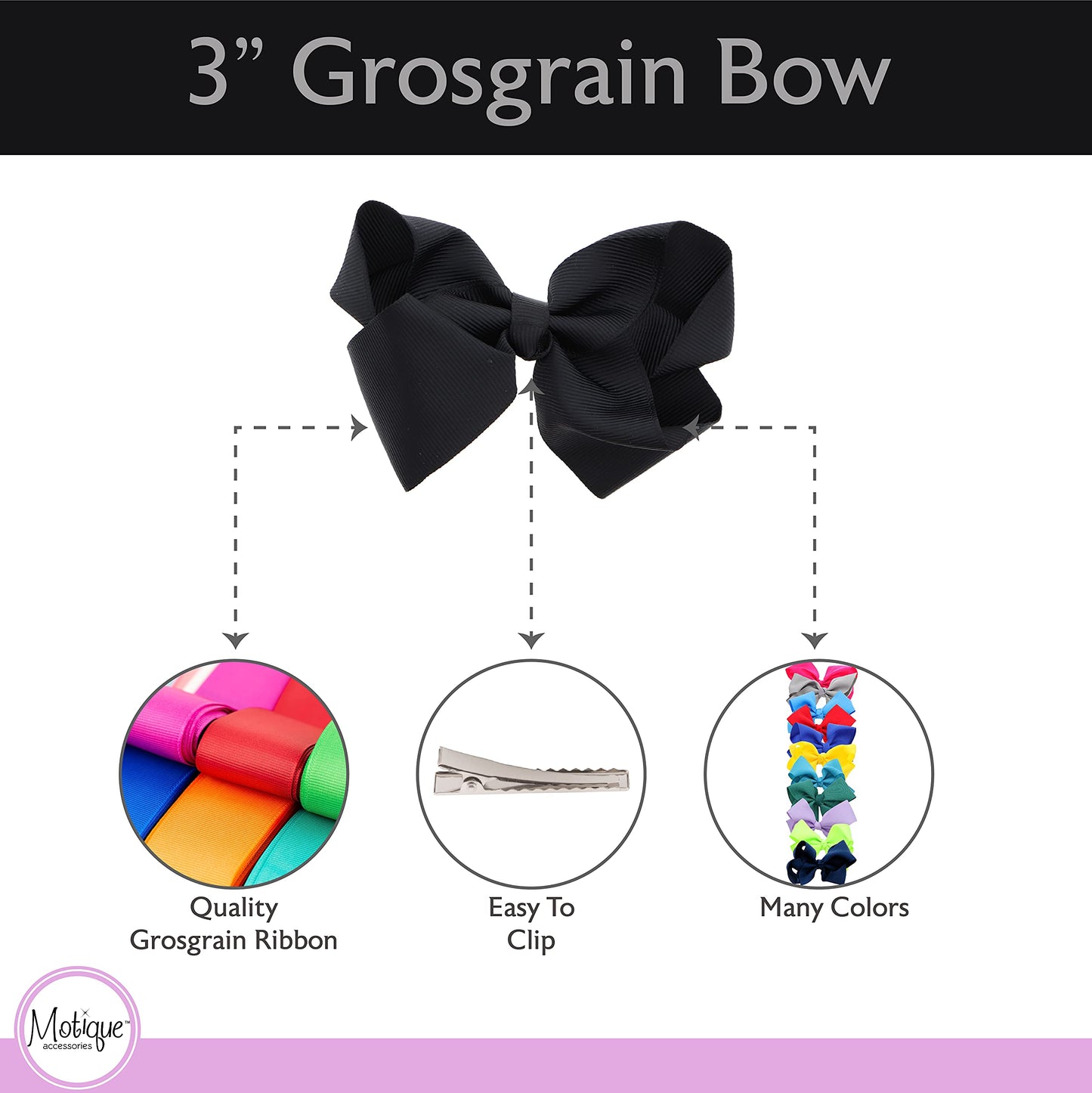 3 Inch Grosgrain Bow for Little Girls- Set of 2 (Black)