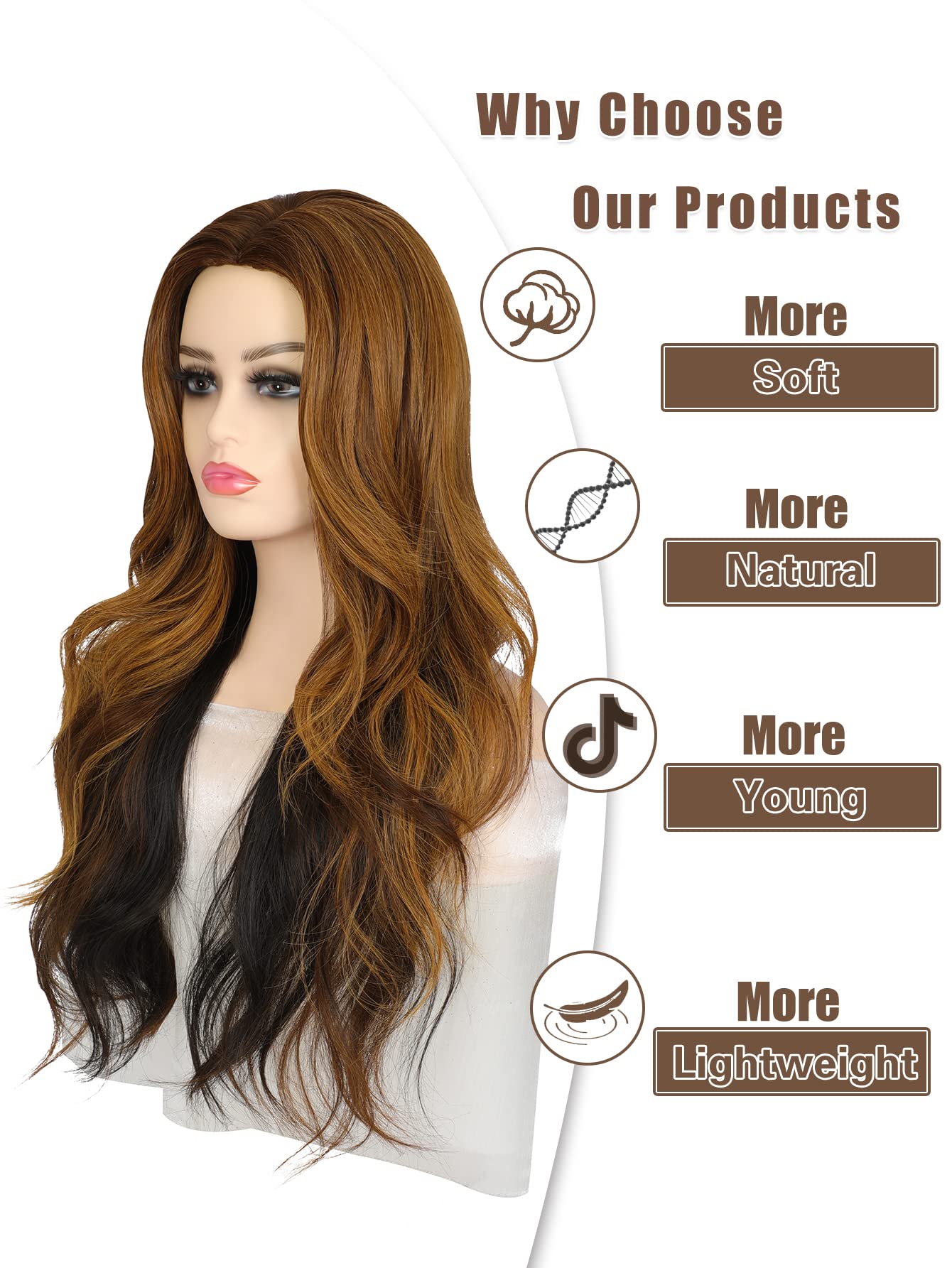 Jinnhelun Long Wavy Wigs for Women Synthetic Hair Wig Natural Look Middle Part Wigs for Daily Use (Ombre brown XXT)