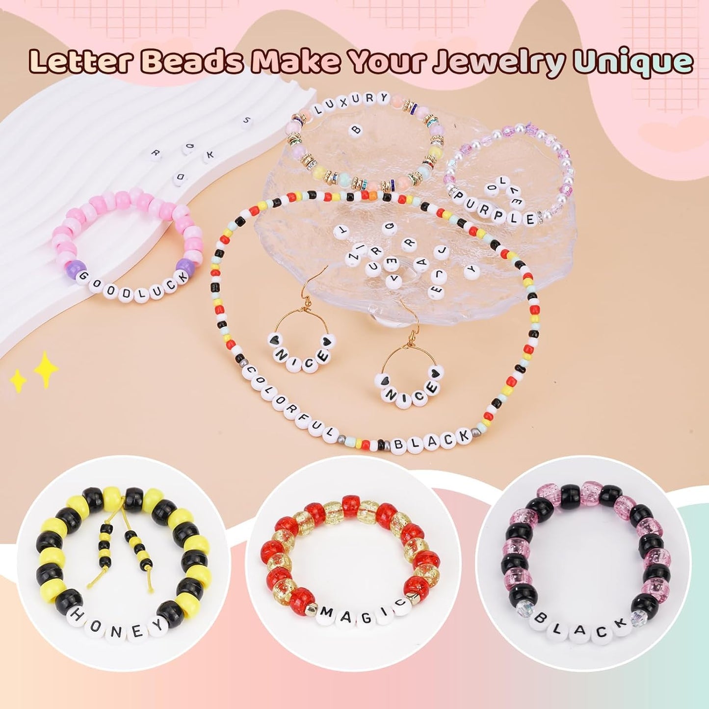 richginker 2400pcs Letter Beads Charms Bracelet Making kit, Friendship Bracelet Assorted Alphabet Beads Accessories for Key Chain Arts Crafts Birthday Gifts 4x7mm