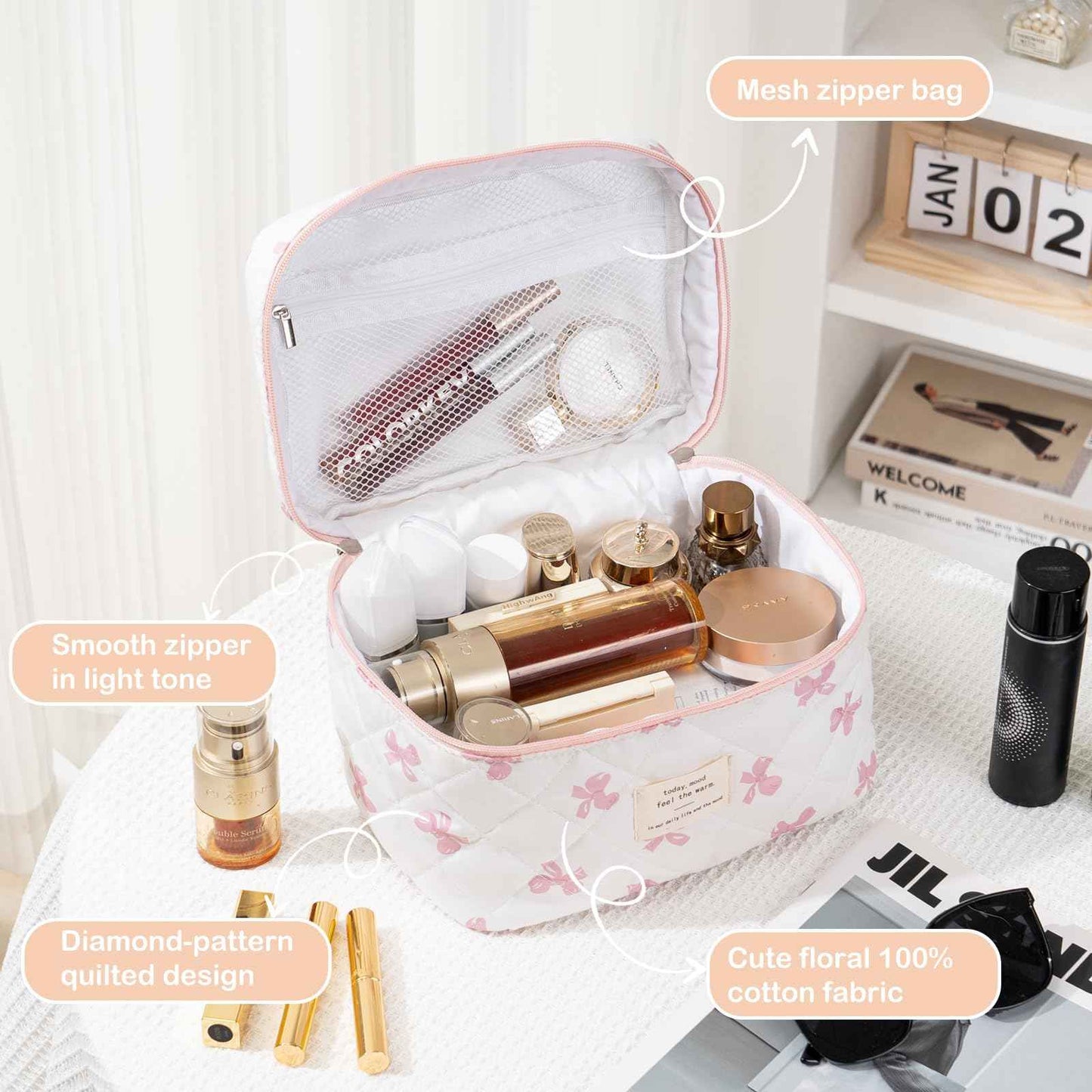 UUYUUY Makeup Bag for Women 3PCS Quilted Cotton Make Up Bag Travel Cosmetic Bag Large Makeup Bag Set Cute Bow Makeups Purse Organizer Floral Toiletry Pouch