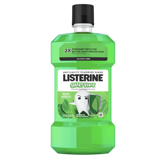 Listerine Smart Rinse Kids Mouthwash, ADA Accepted, Alcohol-Free Anticavity Sodium Fluoride Mouthwash, Oral Rinse for Dental Cavity Protection, Mint Shield Flavor for Children's Oral Care, 500 mL