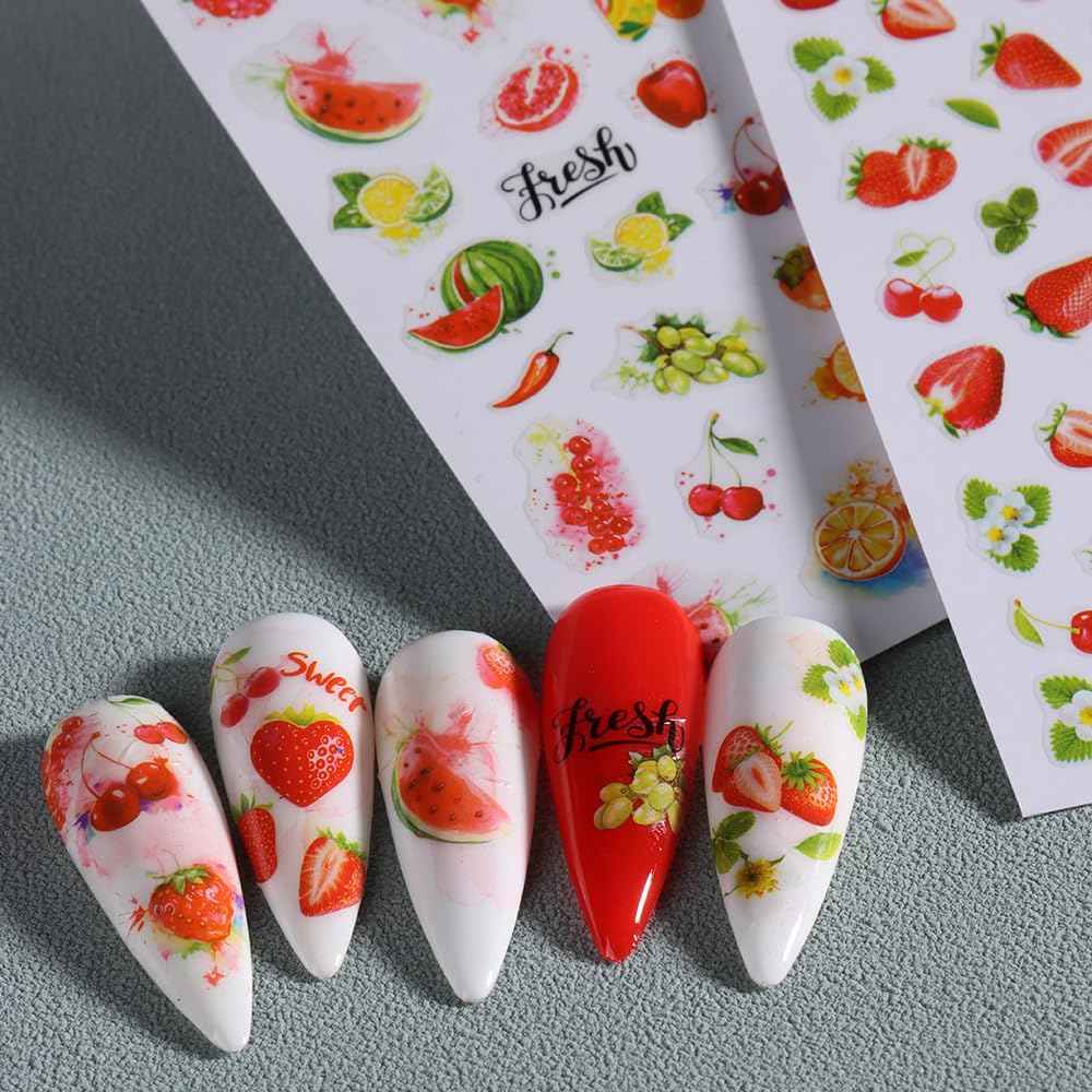 Fruits Nail Stickers Decals Kit - 14 pcs Summer Nail Art with Tweezers Decals Strawberry Lemon Designs Nail Supplies Cute Fun Self-Adhesive Sliders for Women Girls 3D Manicure Decoration