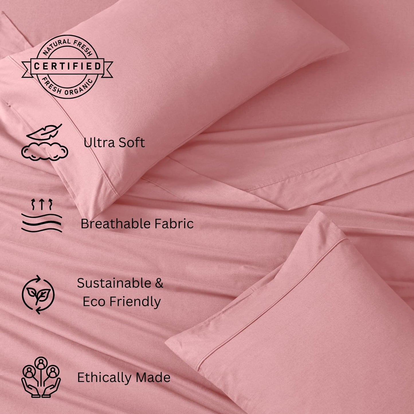 LANE LINEN 100% Organic Cotton Twin XL Sheets Set, 3-Piece Pure Organic Cotton Percale Sheets, Cotton Bedsheets, Ultra Soft Bedding Sheets, Breathable, Fits Mattress Upto 15" Deep - Rose Dawn