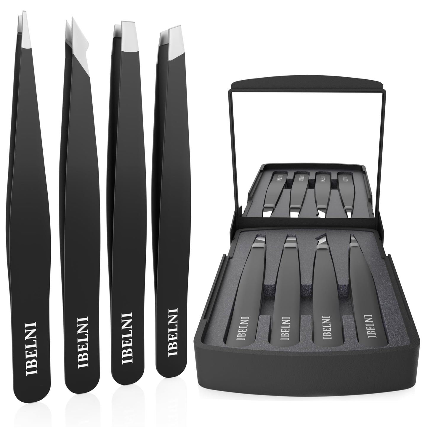 Tweezers Set with Mirror Case - Tweezers for Women facial hair-Professional Twizzers Facial Hair Tweezers for Eyebrows- Stainless Steel Tweezer kit with mirror compact (Black)