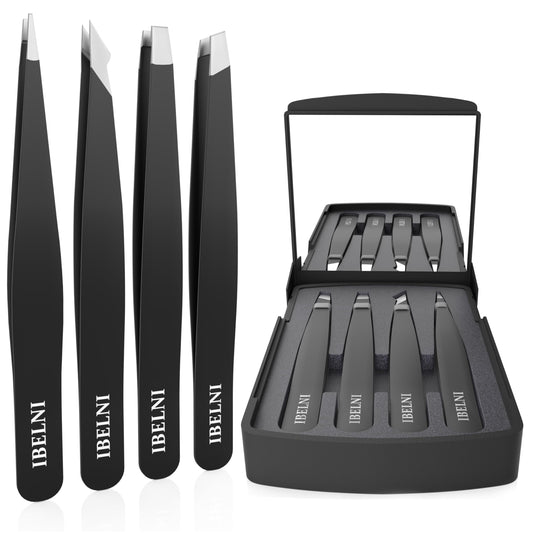 Tweezers Set with Mirror Case - Tweezers for Women facial hair-Professional Twizzers Facial Hair Tweezers for Eyebrows- Stainless Steel Tweezer kit with mirror compact (Black)