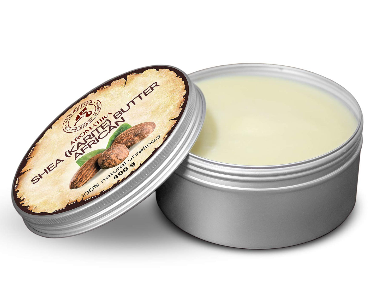 AROMATIKA Shea Butter Cold Pressed 14.1 Oz - Unrefined African Shea Butter - Ghana - 100% Pure & Natural - Best for Hair - Skin - Lip - Face - Body Care - Karite Shea Butter - Aluminium jar