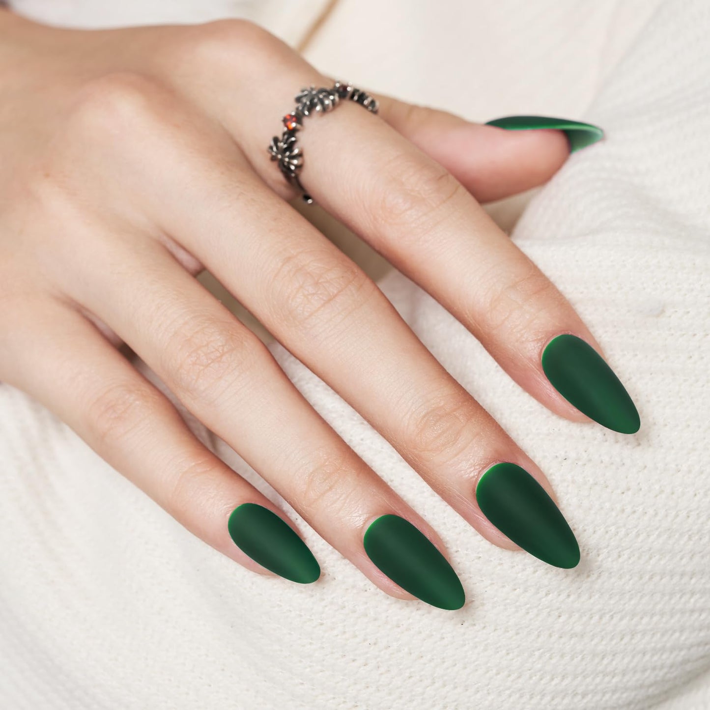 WOOYAS Dark Green Press on Nails Almond，Medium Green Nails Matte Finish, Handmade Gel Fake Nails Reusable, Salon Perfect Almond Nails in 12 Sizes - 24 Pcs