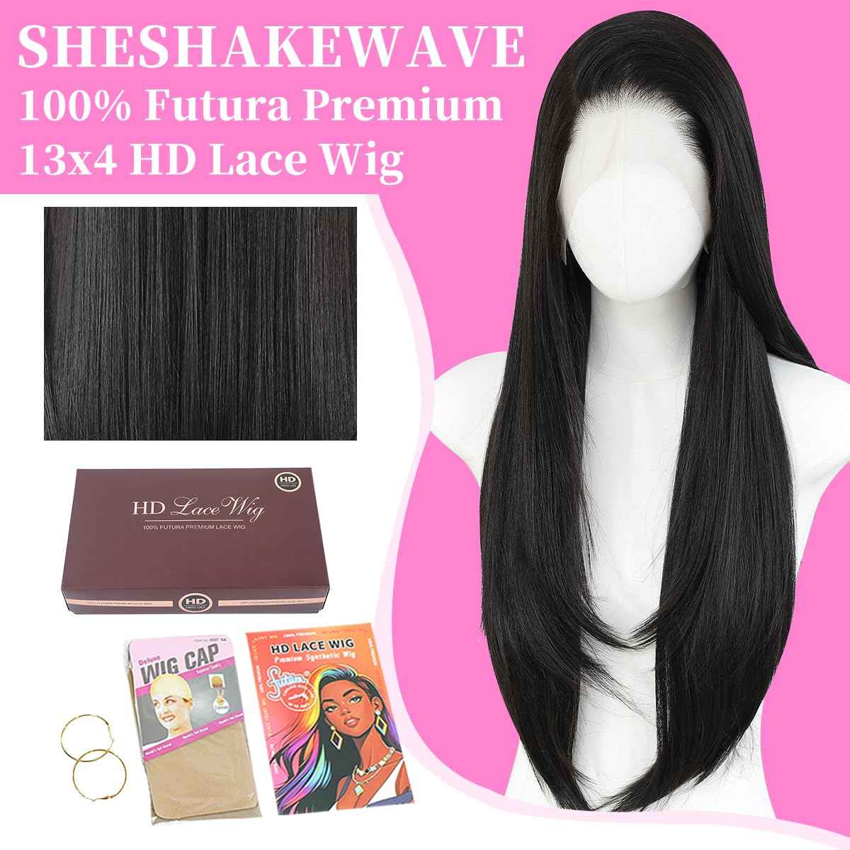 Synthetic Lace Front Wigs Pre Plucked 13x4 HD Lace Black Wigs For Women 26 Inch Long Layered Straight Wigs 100% Futura Premium Fiber Wig With Bangs Ready to Wear Beginner Friendly Daily Use