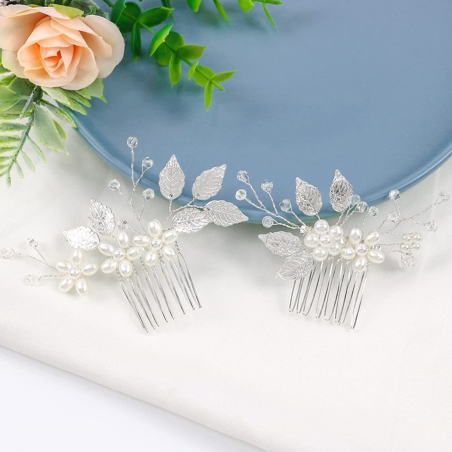 2 PCS Flower Hair Clip Summer Flower Girl Hair Pin Silver Crystal Metal Leaves Bride Bridesmaids Birthday Prom Party Hair Piece Accessory, Heaspiece Set