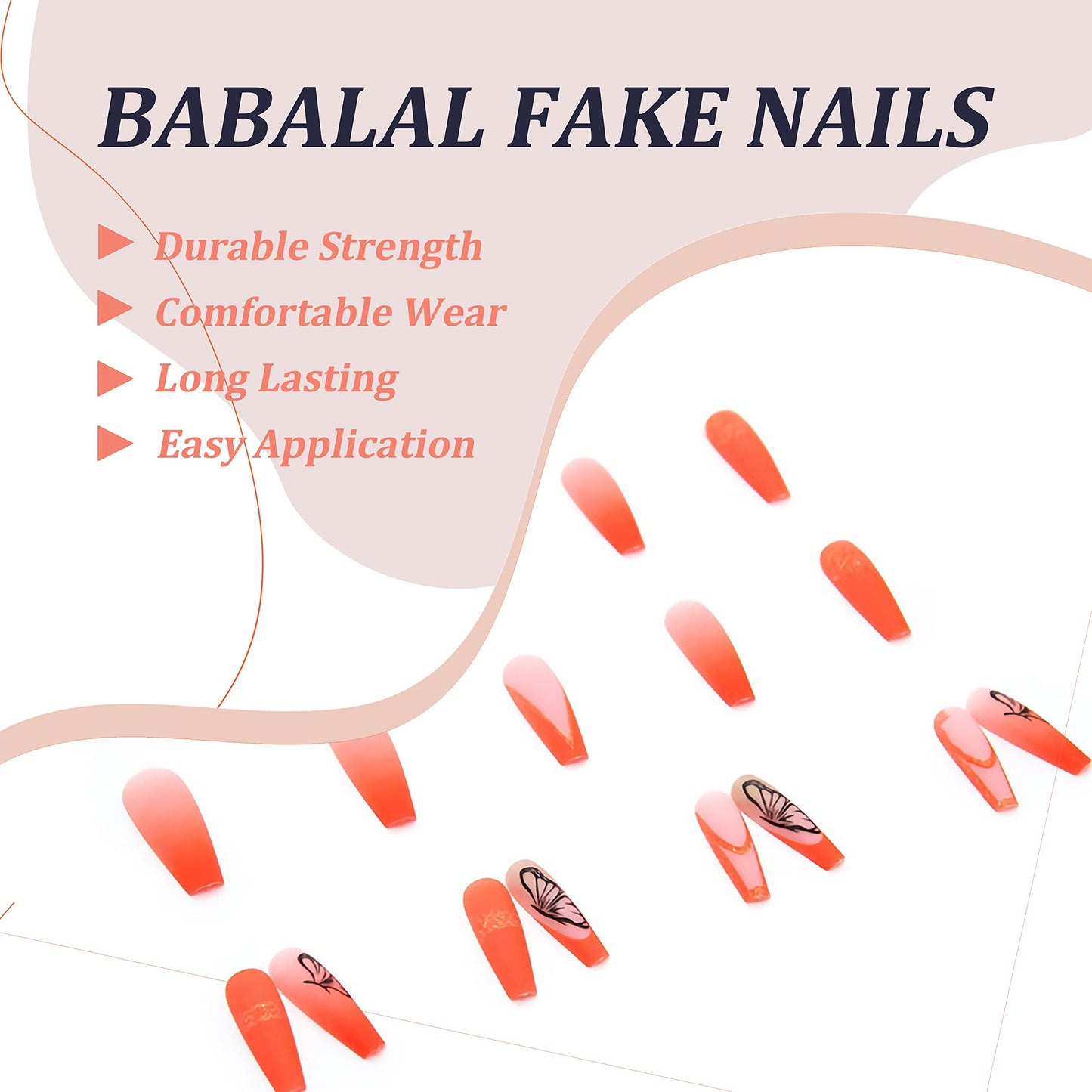 BABALAL Coffin Press on Nails Long Fake Nails Orange Matte Glue on Nails Butterfly Ballerina Acrylic Nails 24Pcs with Summer Nails Designs Full Cover Nails