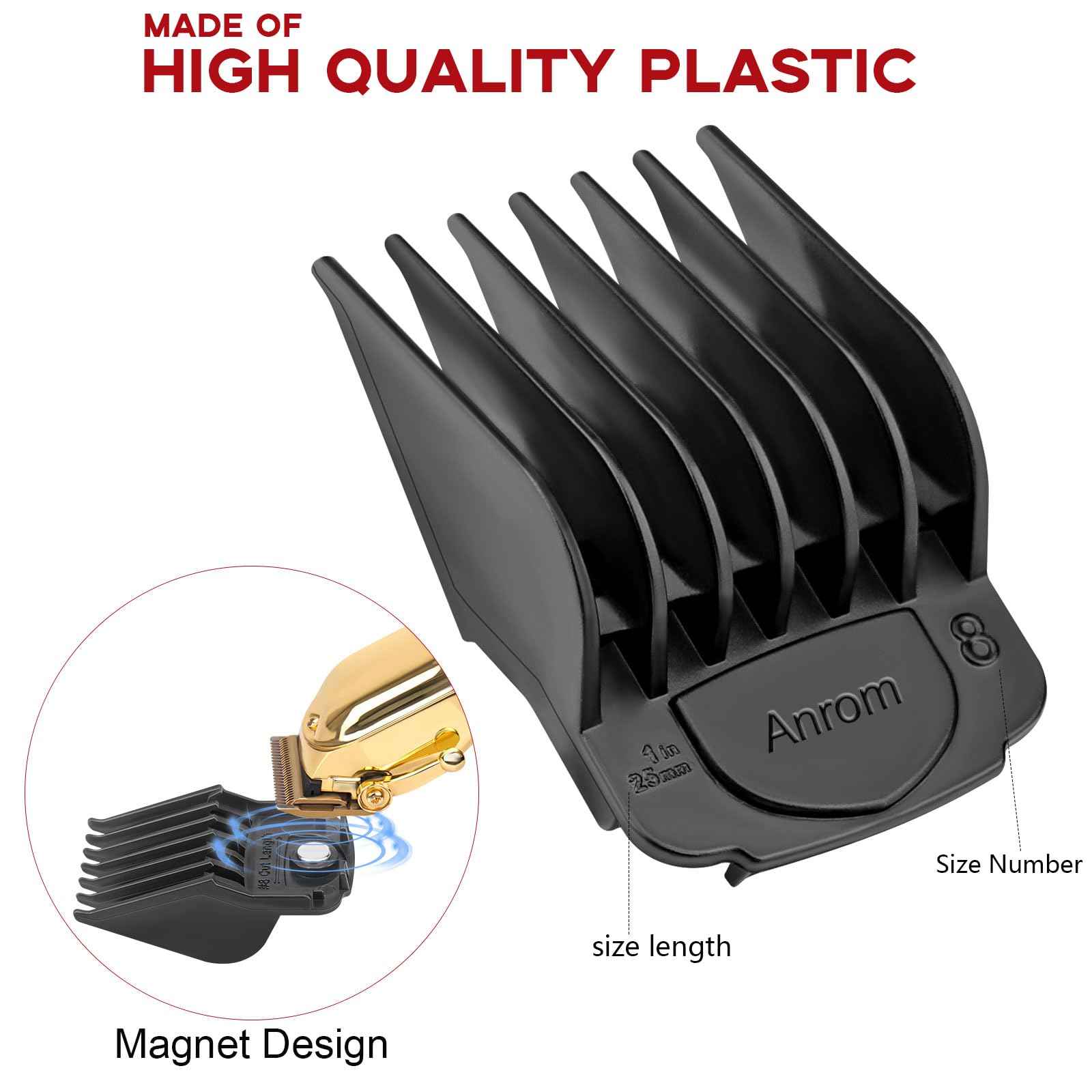 Anrom Upgrade Magnetic Clipper Guards for Wahl Clippers with Magnetic Clip Professional Hair Clipper Guards Cutting Guides - length 1/16 Inch to 1 Inch(1.5-25mm), 10 Pack