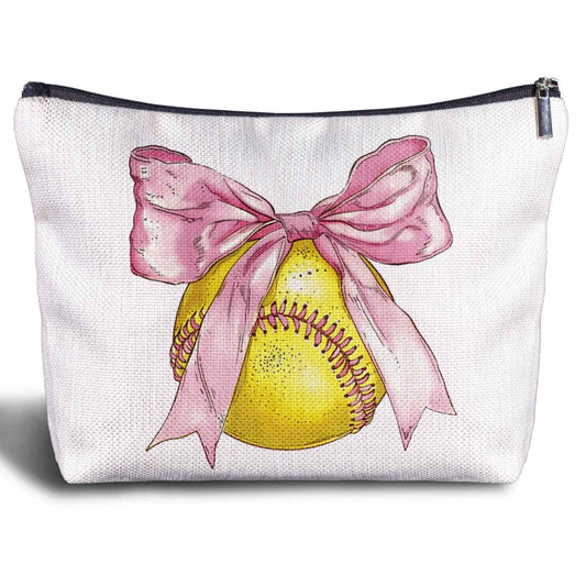 Zomhix Softball Bow Makeup Bag - Softball Gifts for Women Softball Lovers Softball Mom Team, Softball Accessories for Girls, Pink Bow Softball Stuff for Women