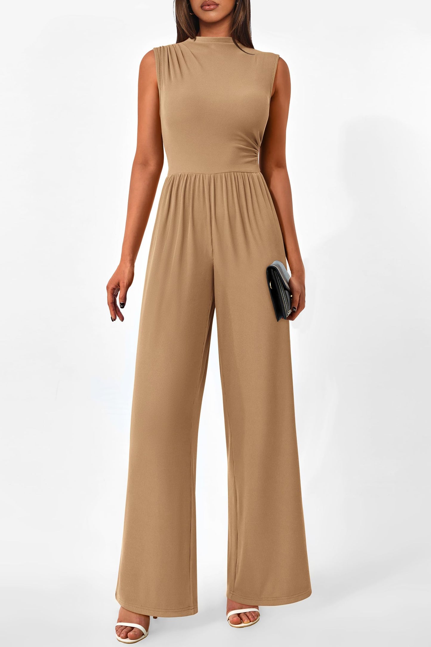 PRETTYGARDEN Womens Summer Jumpsuits Dressy Casual One Piece Outfits Sleeveless Mock Neck Wide Leg Pants Rompers with Pockets (Style2-Camel,Small)