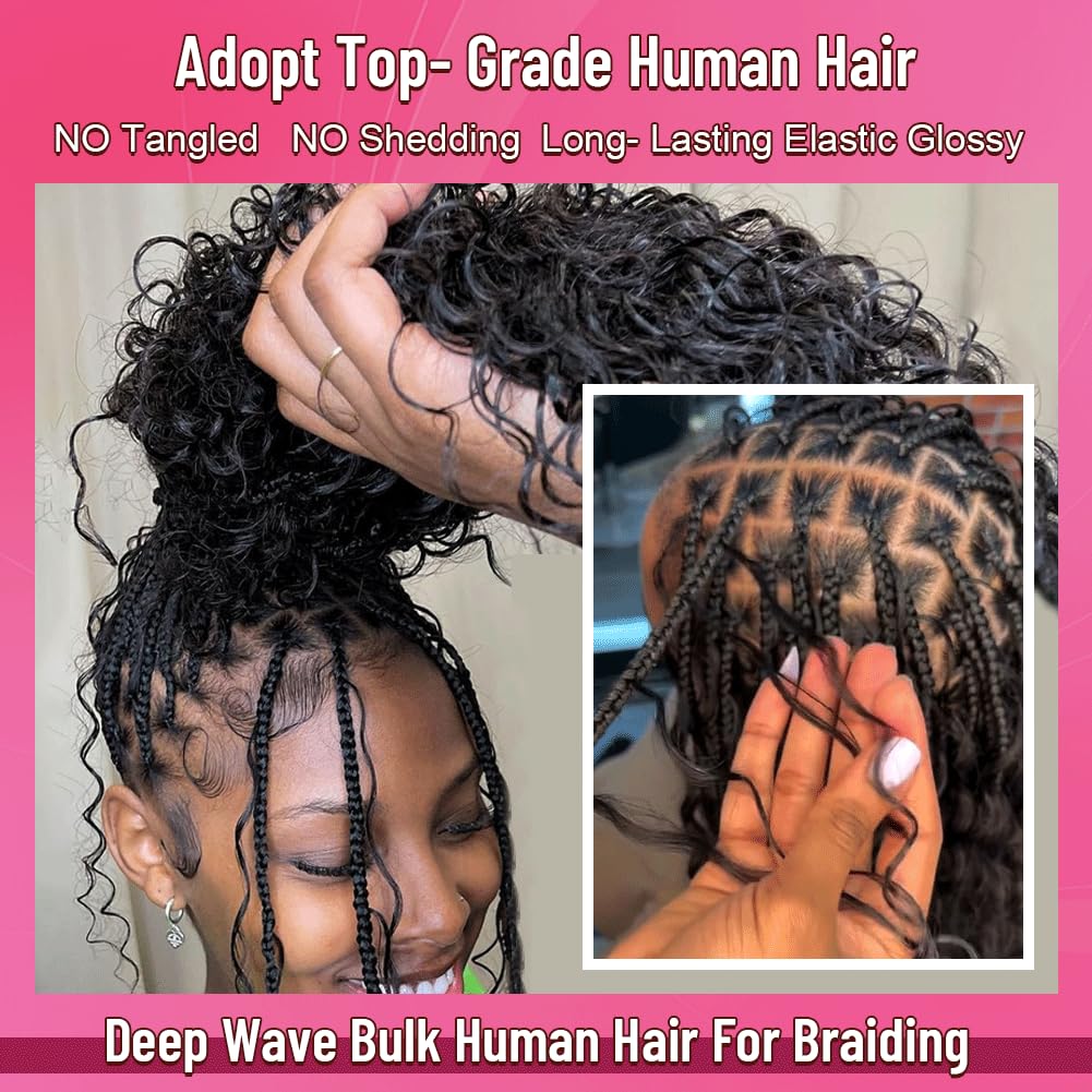 Human Braiding Hair for Boho Braids Curly Bohemian Deep Wave Bulk Human Hair for Braiding Hair Boho Knotless Braids 2 Bundles 100g Wet and Wavy 100% Human Hair Extensions No Weft Natural Color