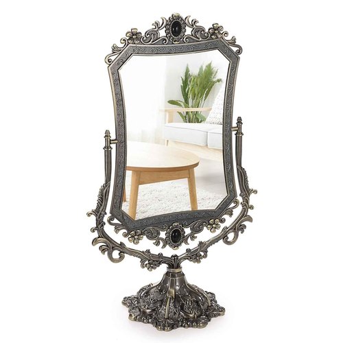 JUXYES Metal Tabletop Antique Decorative Makeup Mirror with Stand, Vintage 360° Swivel Double Sided Cosmetic Mirror with Frame, Retro Desktop Dressing Mirror Magic Mirror for Dresser