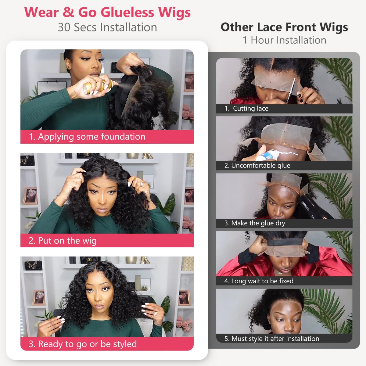 Smilegirl Glueless Bob Wigs Human Hair Pre Plucked Pre Cut Short Curly Human Hair Wigs for Black Women 5x5 HD Lace Closure Deep Wave Wear and Go Glueless Wigs 200% Density (12 Inch)