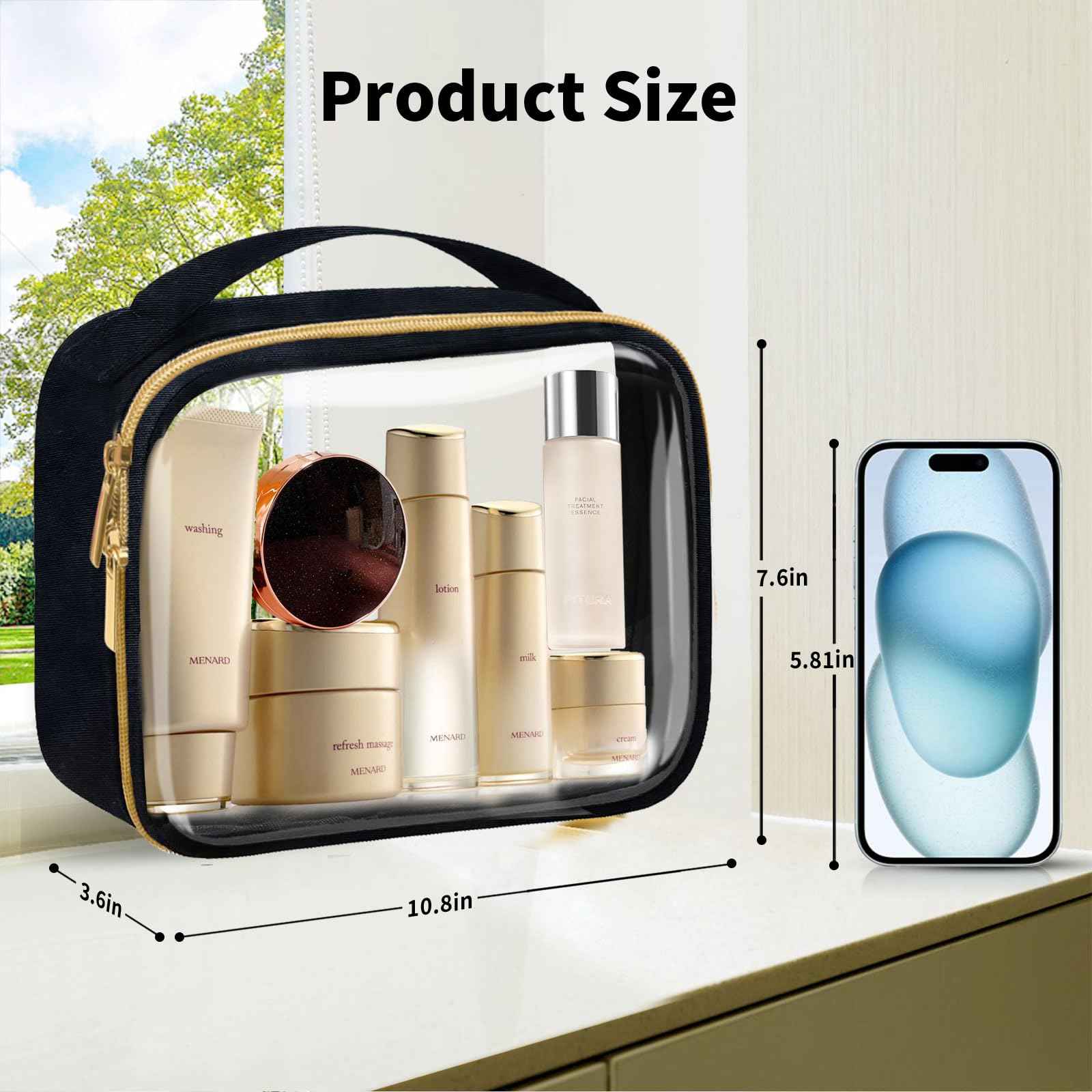 FAYORORY Travel Toiletry Bag,2 Pack Clear Makeup Bags with Handles,180°Opening Clear Cosmetic Bags for Traveling Women,Men,Travel Essentials,Black