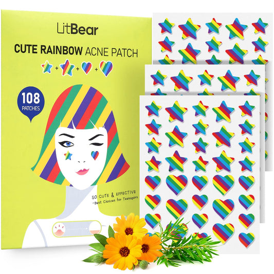 LitBear Acne Patch Pimple Patch, Rainbow Star & Heart Shaped Acne Absorbing Cover Patch, Hydrocolloid Acne Patches For Face Zit Patch Acne Dots, Tea Tree Oil + Centella, 108 Patches, 14mm & 10mm