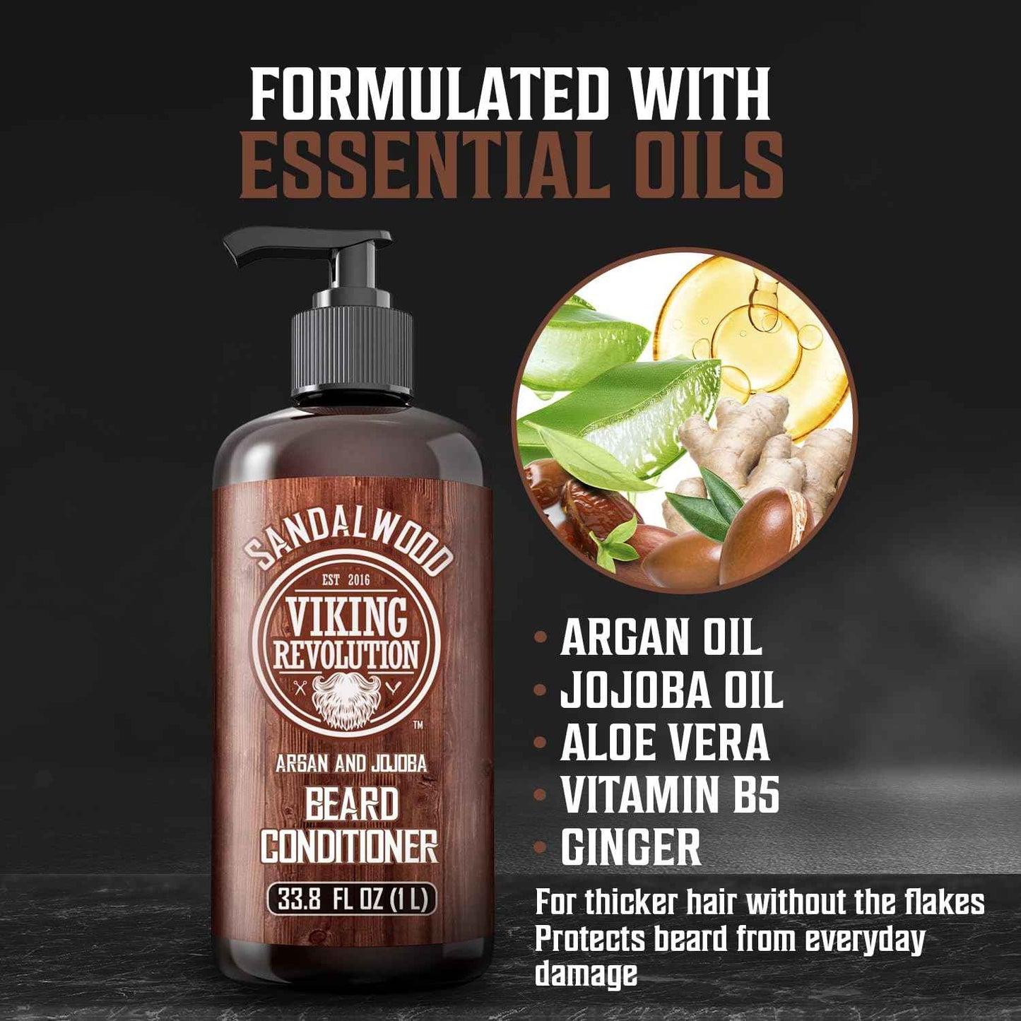 Viking Revolution Sandalwood Beard Conditioner for Men with Argan Oil and Jojoba Oil - Beard Softener and Strengthener Natural Beard Conditioner - Beard Care Moisturizer with Aloe Vera (33.8 Fl oz)