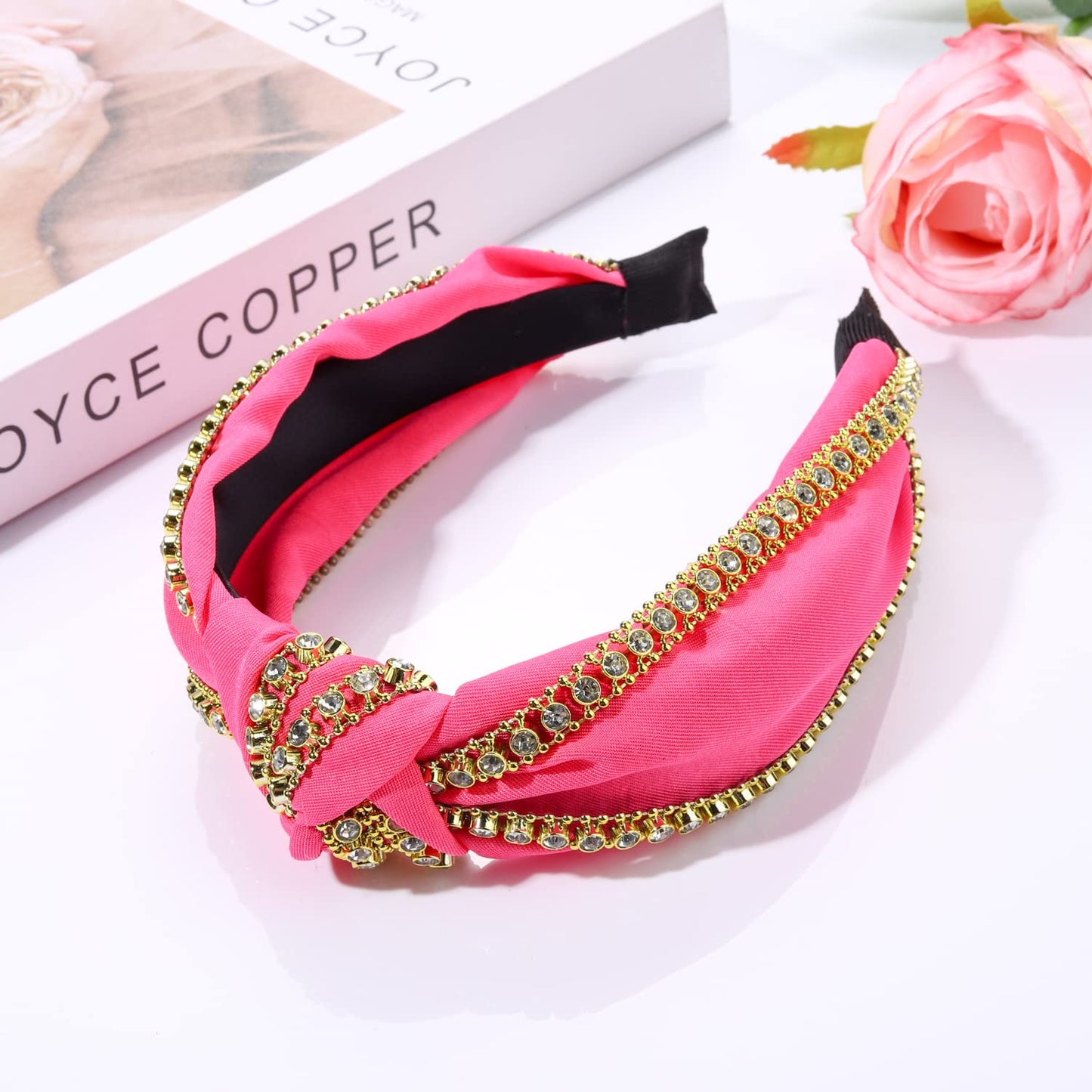 Rhinestone Knotted Headband Sparkle Rhinestone Chain Top Knot Headband for Women Girls White Black Hot Pink Wide Hairband Headpiece Hair Accessories Gift (hot pink rhinestone chain headband)