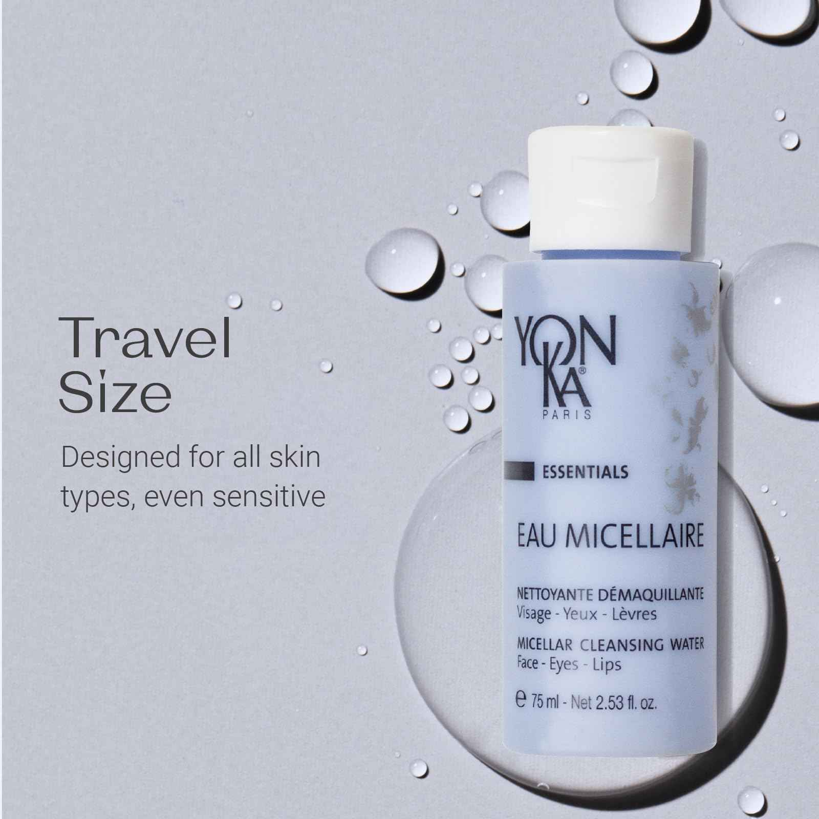 Yonka Eau Micellaire Travel Size | Micellar Water and Cleansing Makeup Remover | Gentle Face Wash with Rose and Chamomile to Remove Impurities and Hydrate | Paraben-Free | 2.53 fl oz
