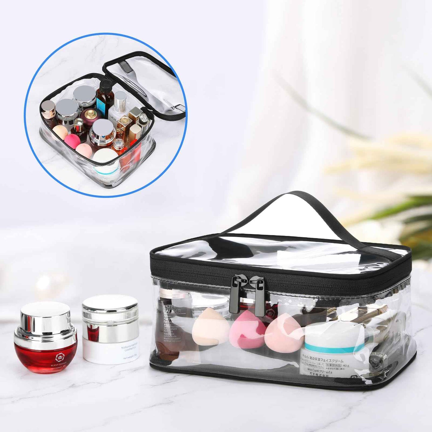 HAOGUAGUA 2 Pieces Clear Makeup Bags Cosmetic Toiletry Bags for Traveling, Waterproof Travel Transparent TSA APPROVED Carry On Airport Airline Compliant Bag (2 PIECES BLACK)