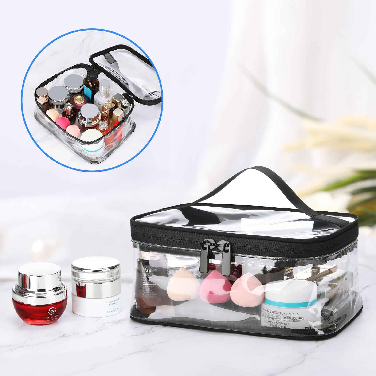 HAOGUAGUA 2 Pieces Clear Makeup Bags Cosmetic Toiletry Bags for Traveling, Waterproof Travel Transparent TSA APPROVED Carry On Airport Airline Compliant Bag (2 PIECES BLACK)