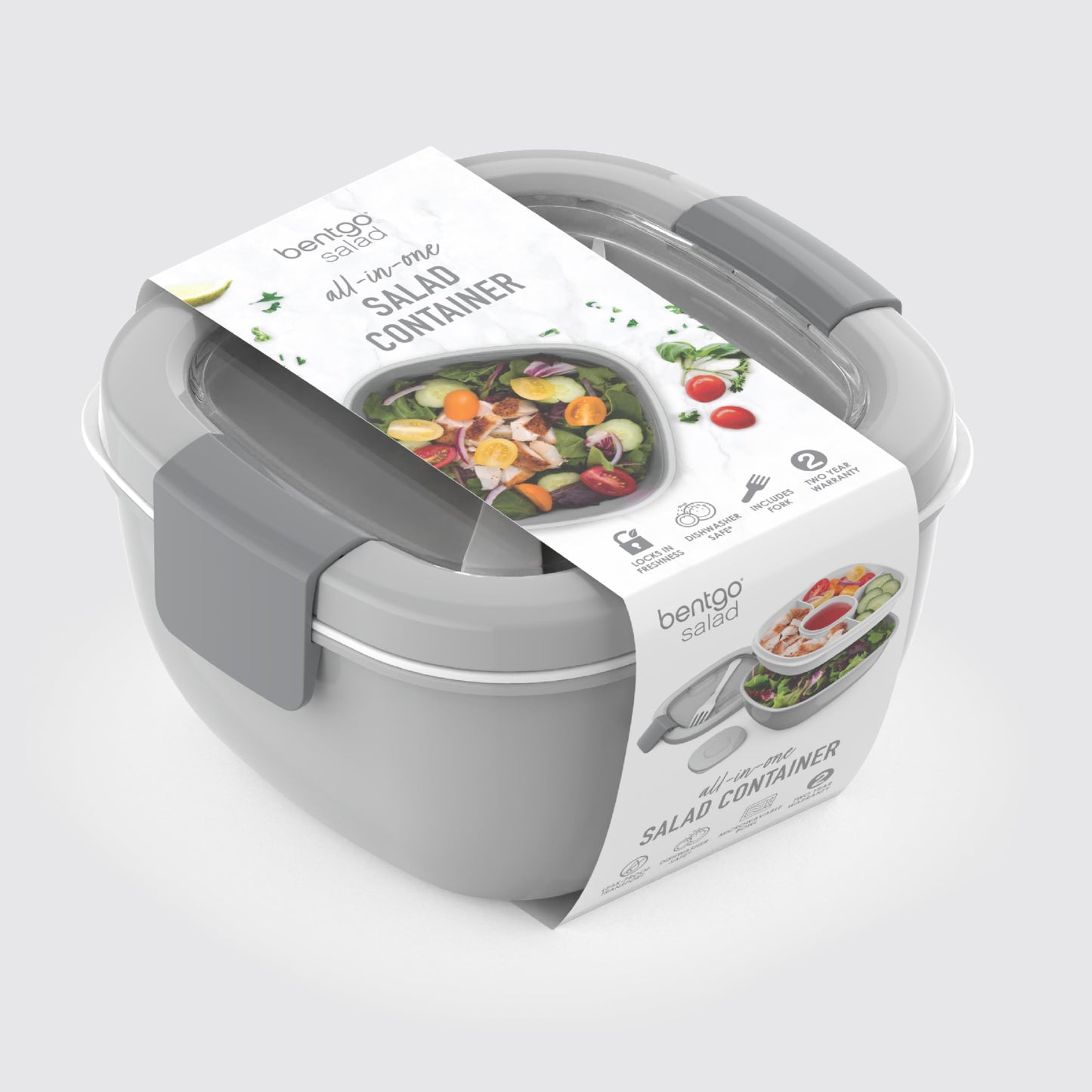 Bentgo All-in-One Salad Container - Large Salad Bowl, Bento Box Tray, Leak-Proof Sauce Container, Airtight Lid, & Fork for Healthy Adult Lunches; BPA-Free & Dishwasher/Microwave Safe (Gray)