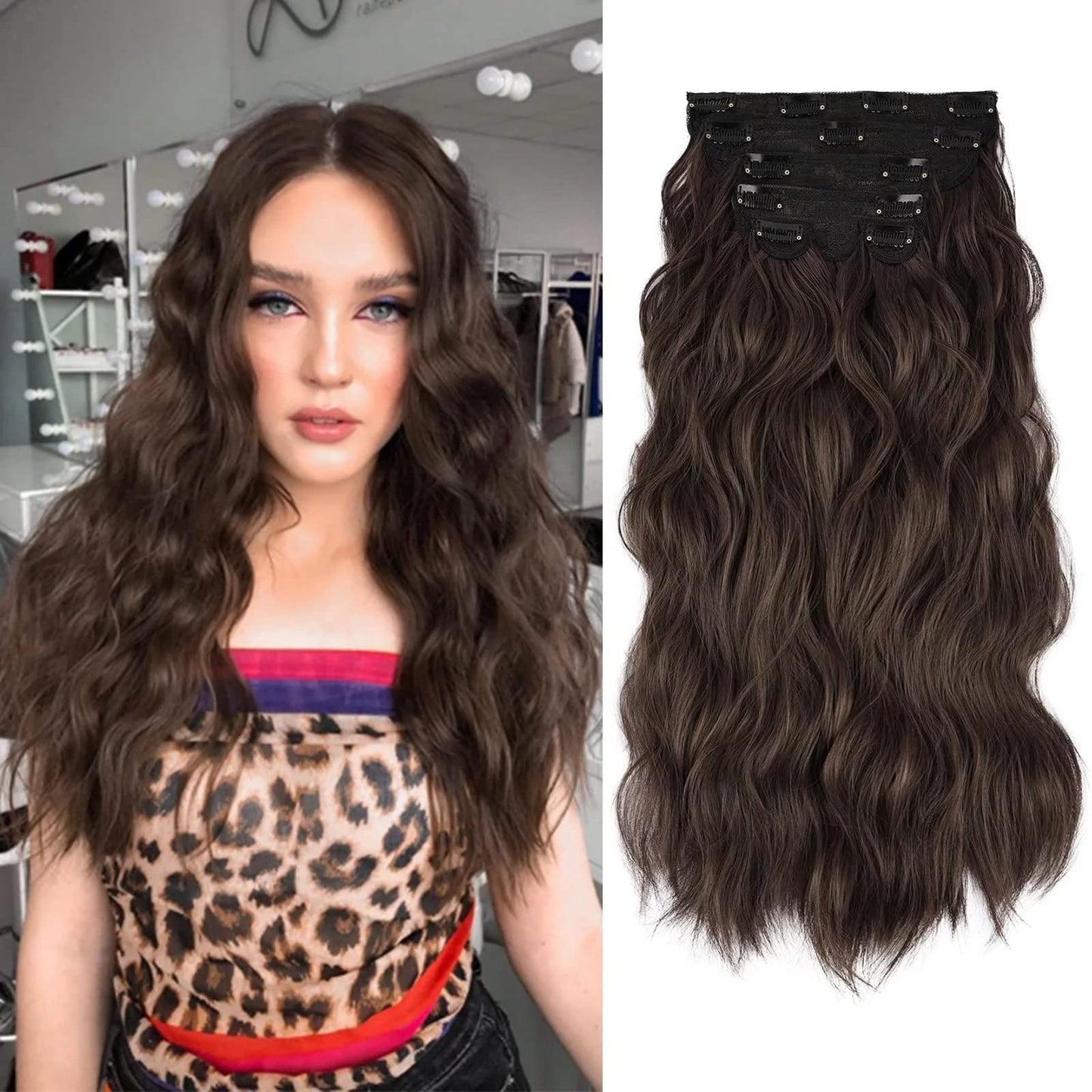 Bilisar Clip In Hair Extensions 20 Inch 4pcs Long Wavy Curly Brown Hair Extensions Synthetic Fiber Double Weft Soft Hairpieces For Women Full Head