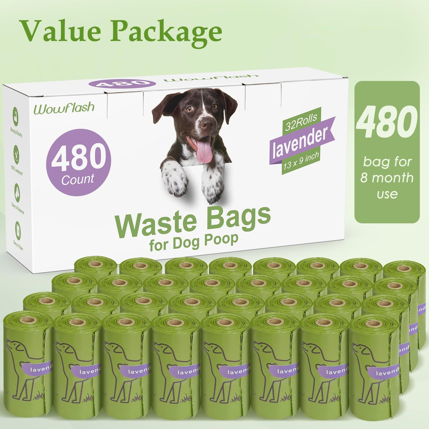 480 Count Lavender Scented 13” x 9” Dog Poop Bags Rolls, Leakproof Strong & Sturdy Poop Bags for Dogs, Dog Bags for Poop, Doggie Cat Poop Bags Cats Litter, Waste Bags Poppy Trash Bags for Doggy Pets