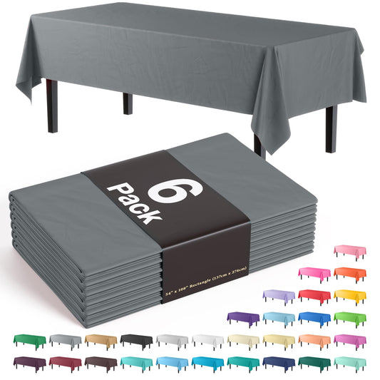 Exquisite 6-Pack Premium Plastic Tablecloth 54in. x 108in. Rectangle Plastic Table Cover - Silver