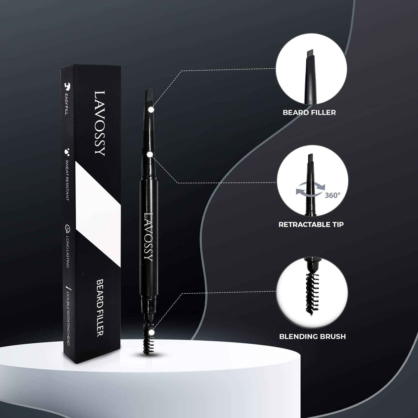 LAVOSSY Beard Pencil Filler for Men - Black, Pack of 3 - Long Lasting and Easy to Use with Blending Brush, Water/Sweat Proof, Fills Patchy Beard, Moneyback Promise