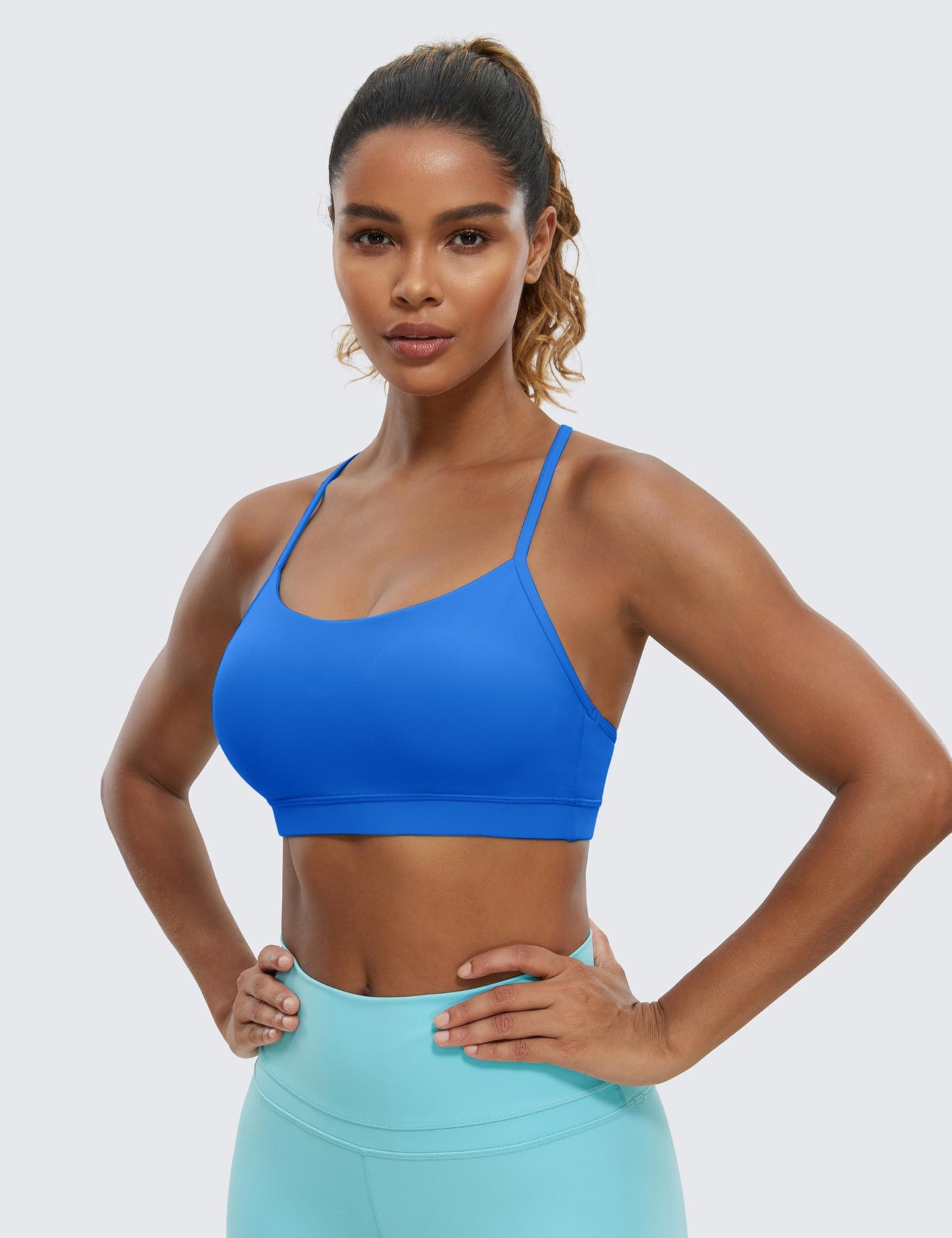 CRZ YOGA Butterluxe Womens Y Back Sports Bra - Padded Racerback Low Impact Spaghetti Thin Strap Workout Yoga Bra Sparkle Blue Large