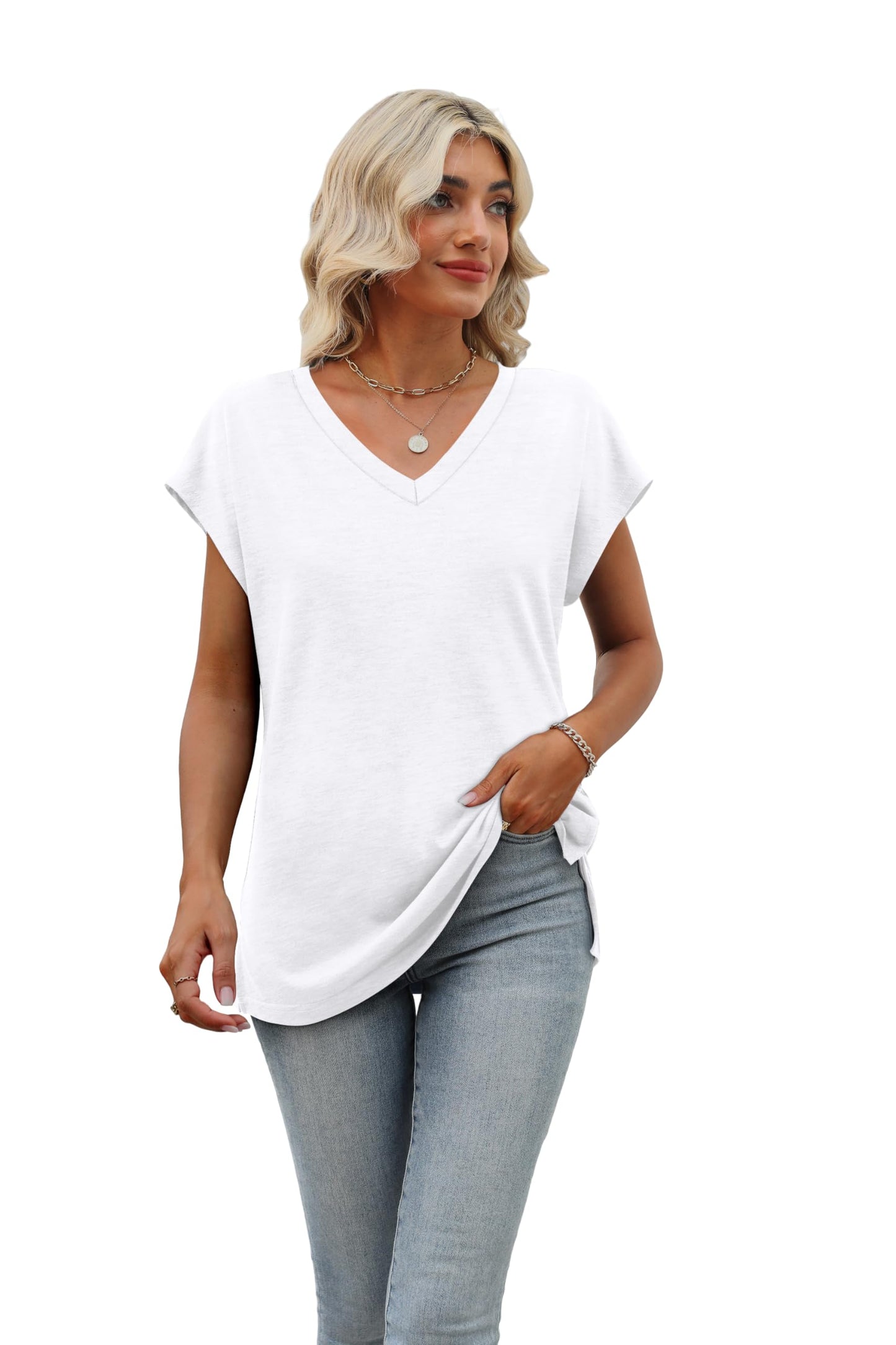 Womens Short Sleeve 2024 Summer Tops Trendy Tank Tops V Neck Loose Fit Shirts White S