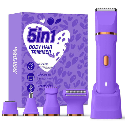 HOHOLE 5-in-1 Bikini Trimmer for Women, IPX7 Waterproof Electric Razors Shaver, Cordless Body Hair Trimmer, Facial & Pubic Hair Removal, Ceramic Blade (Light Purple)