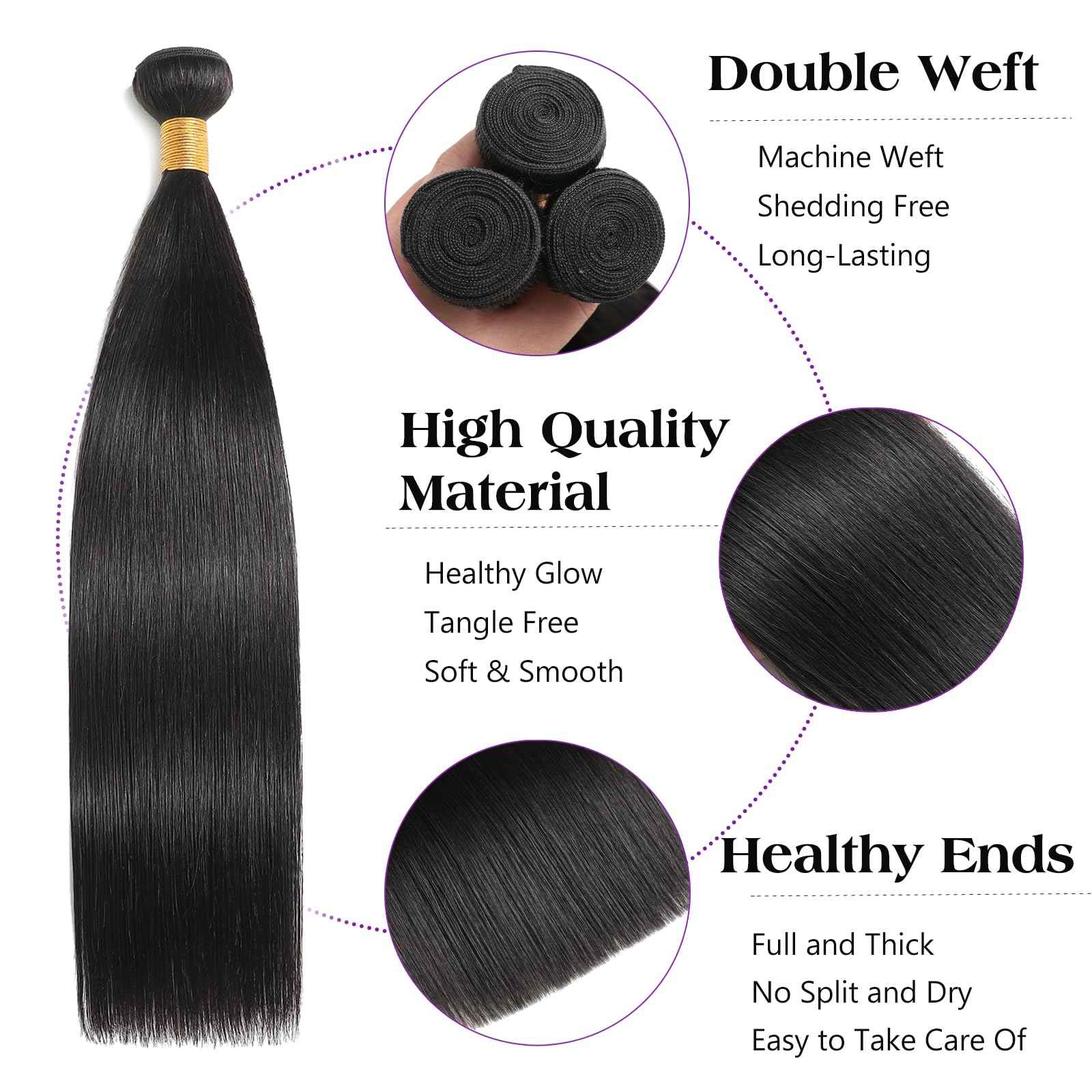 Kaidene Single Bundles Human Hair 24 Inch Straight Human Hair Bundles Natural Black Unprocessed Brazilian Virgin Raw Hair Extensions for Quick Weave and Sew in